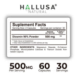 Hallusa Natural Diosmin 500mg Capsules showing the ingredient list
