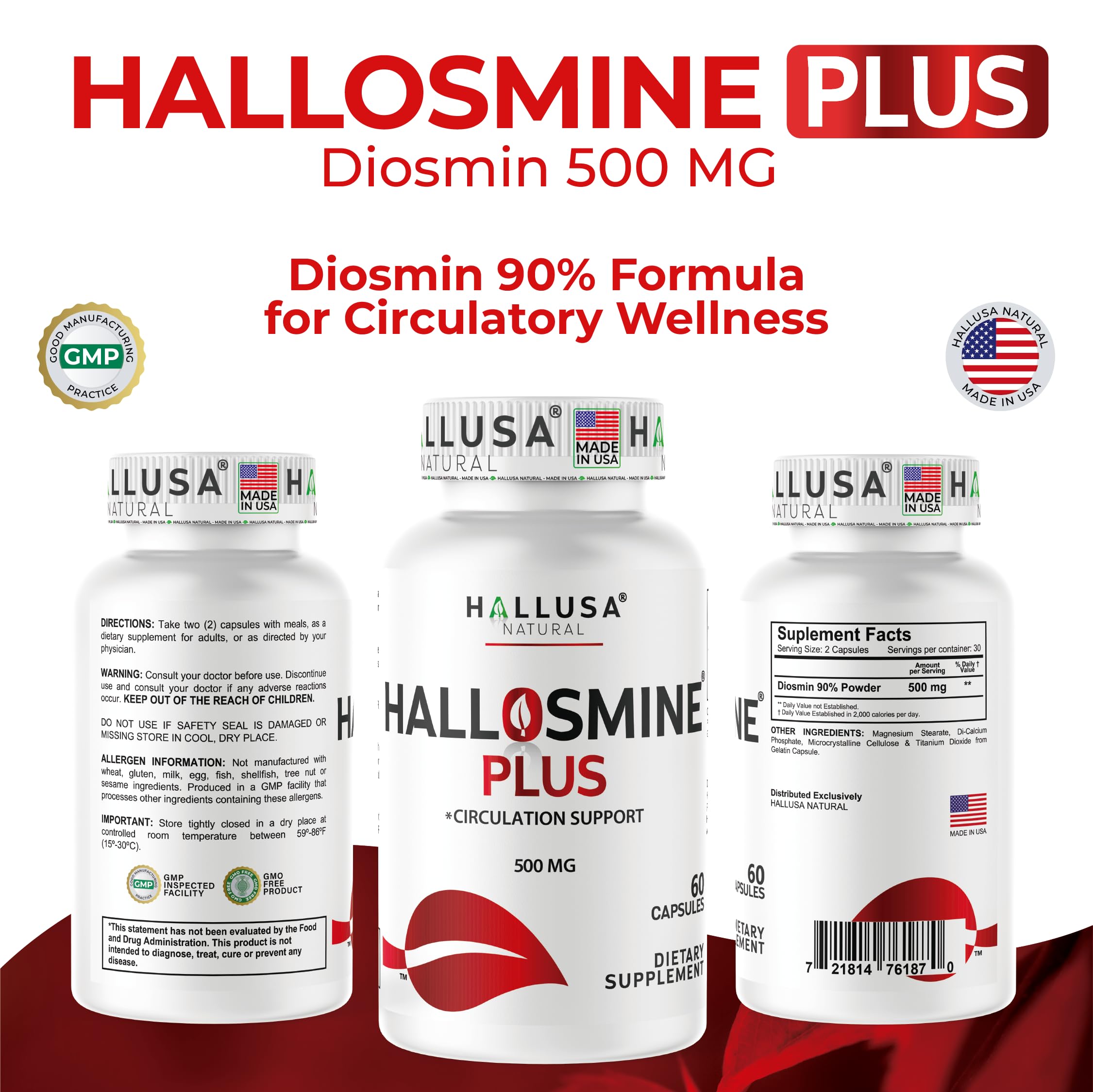 Hallusa Natural Diosmin 500mg Capsules with a glass of water