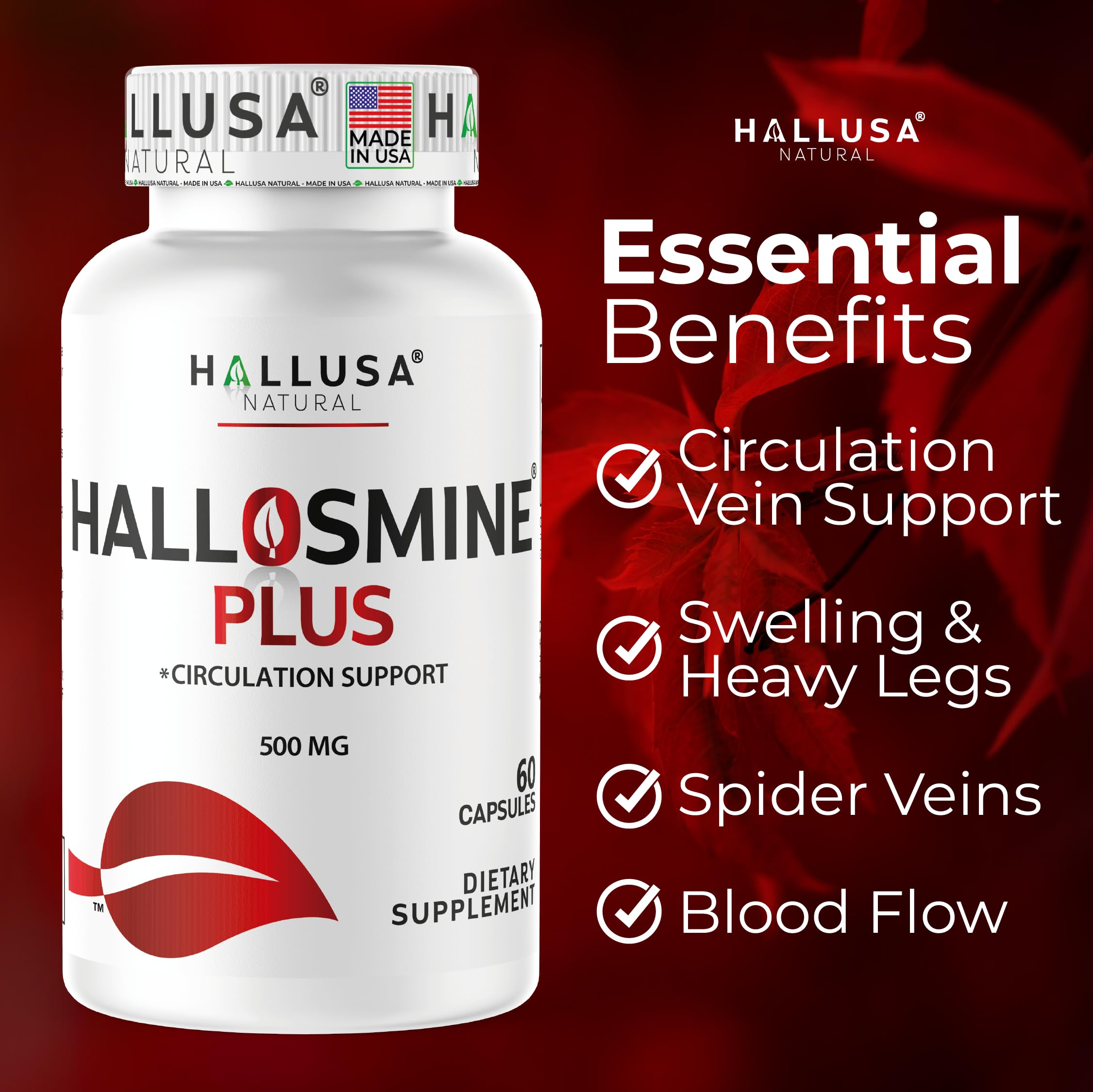 Hallusa Natural Diosmin 500mg Capsules with a measuring spoon