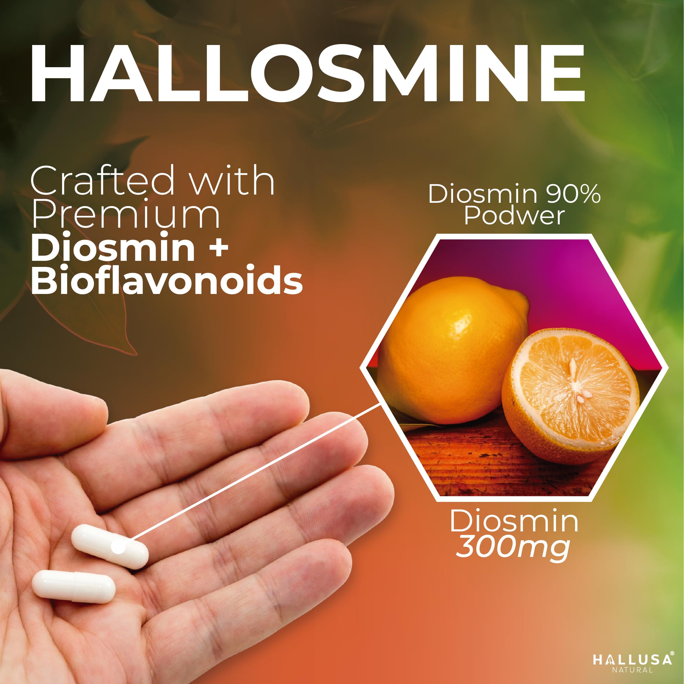 Hallusa Natural Diosmin Circulation 300mg capsules with fresh herbs