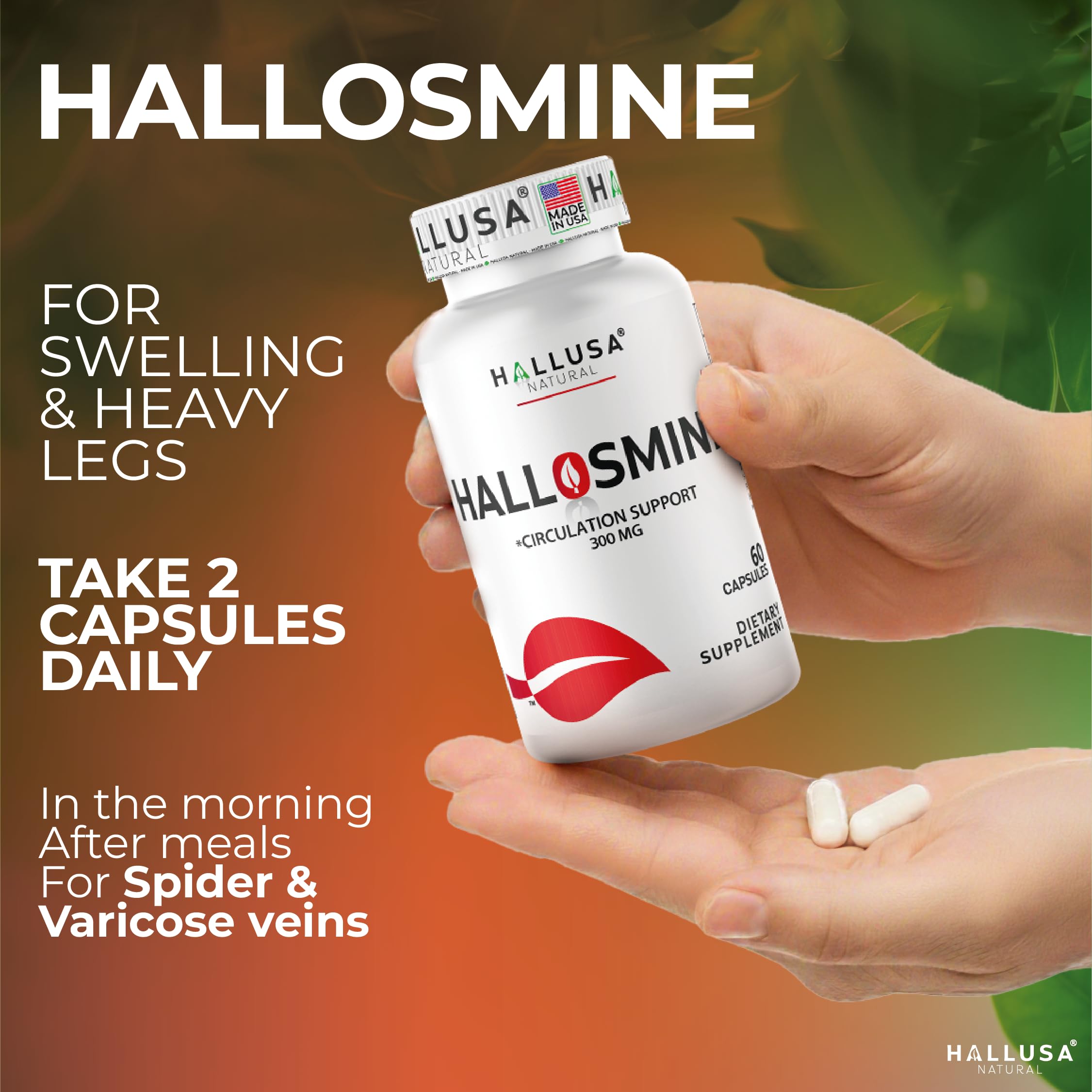 Hallusa Natural Diosmin Circulation 300mg capsules with measuring spoon