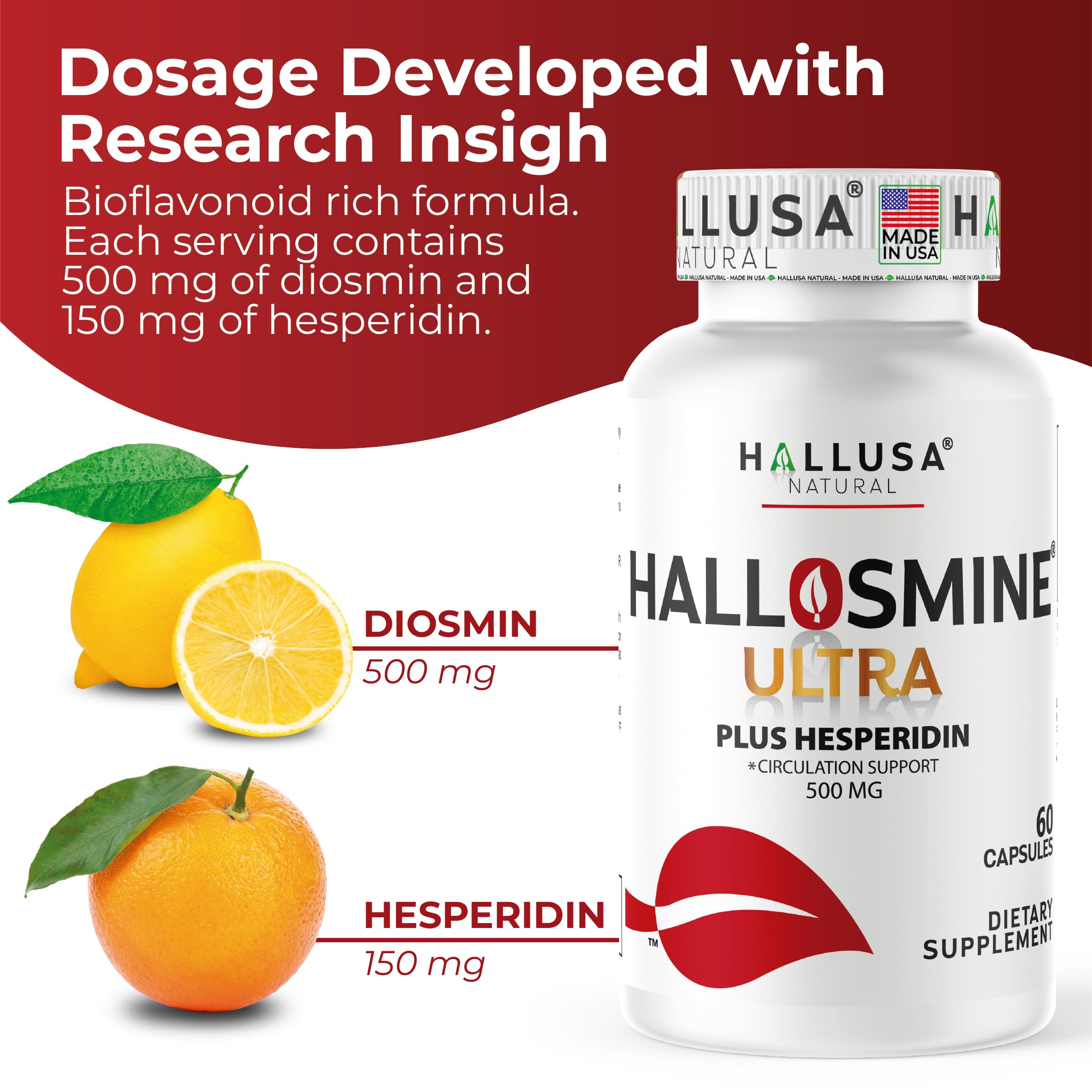 Hallusa Natural Diosmin & Hesperidin Capsules on a wooden surface