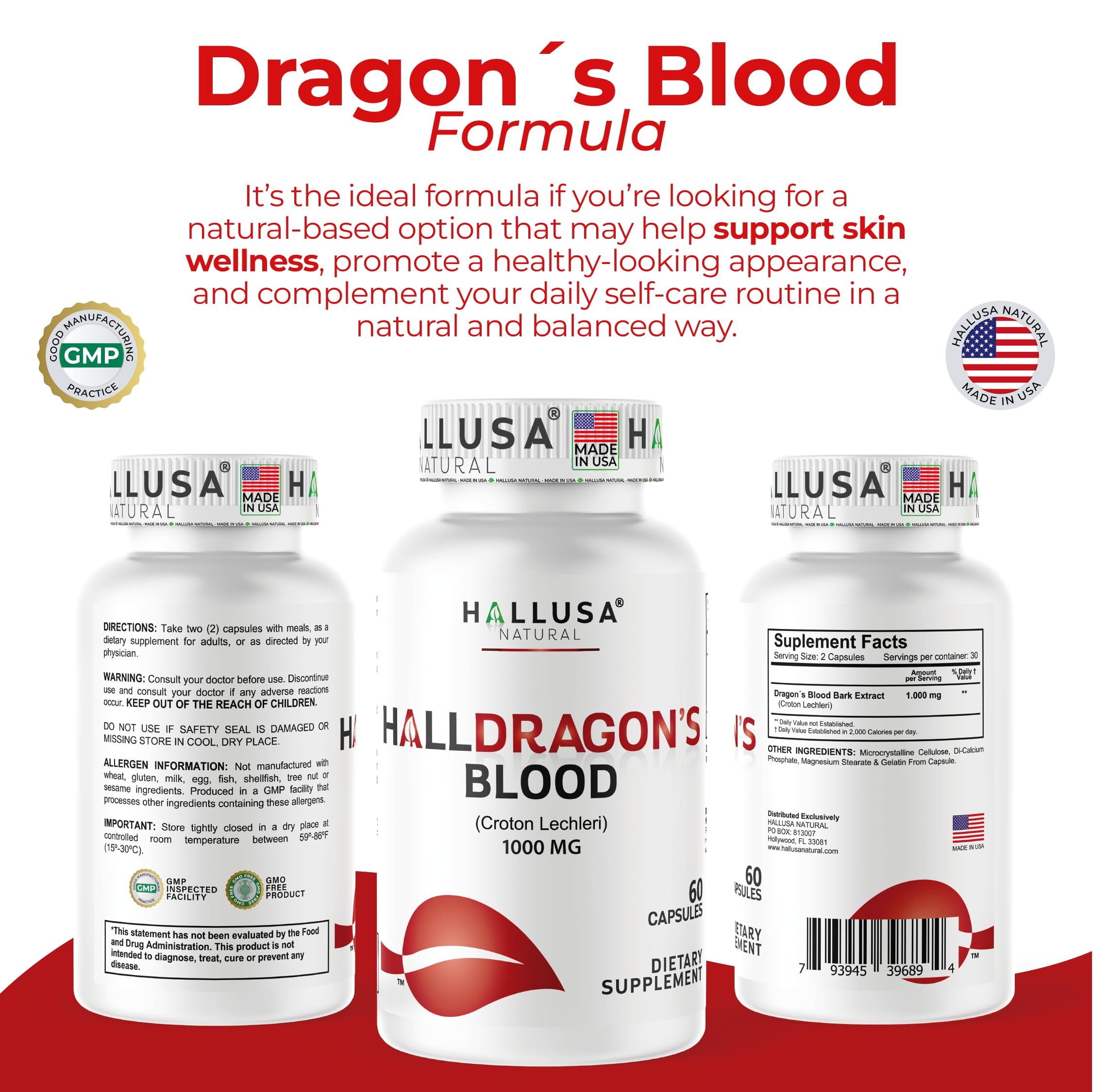 Hallusa Natural Dragon’s Blood 1000mg Capsules bottle with label