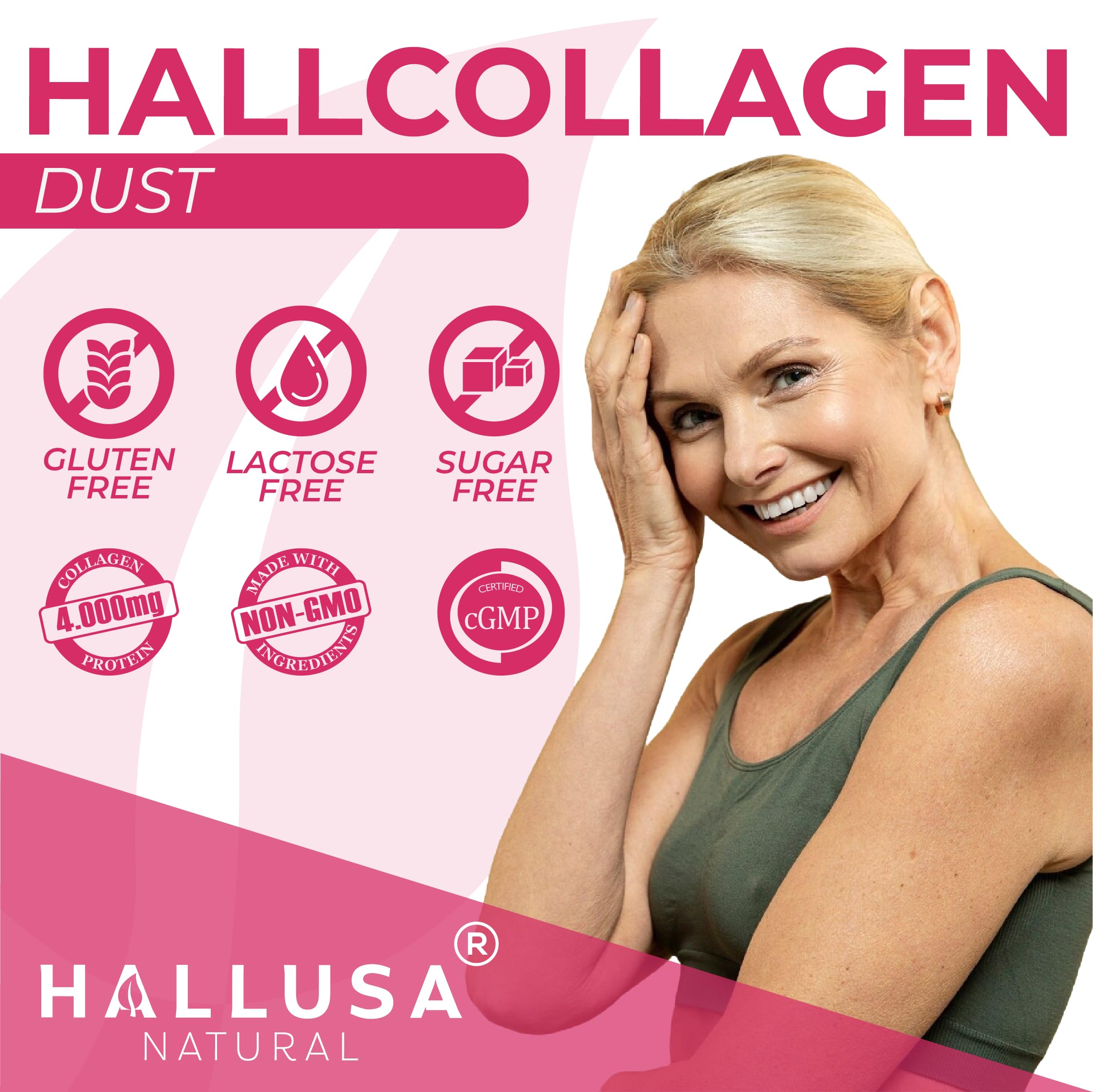 Hallusa Natural Multi Collagen Peptides Powder mixed in a glass of water