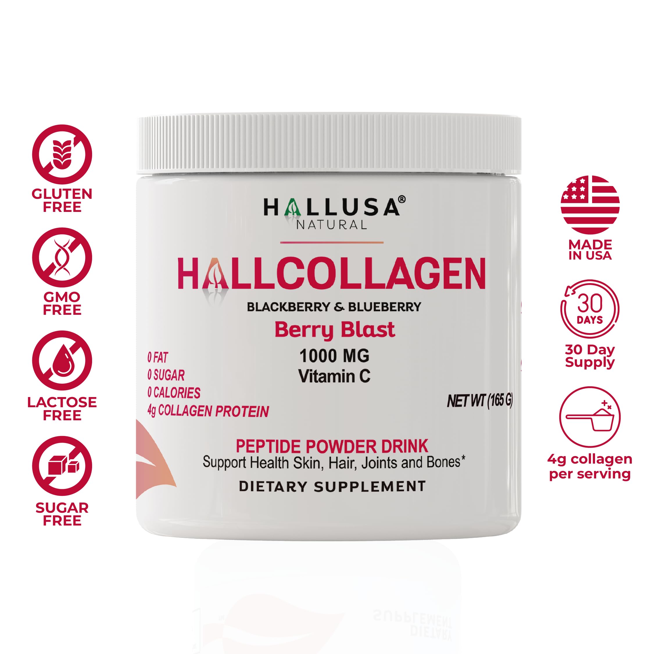 Hallusa Natural Multi Collagen Peptides Powder on a kitchen counter