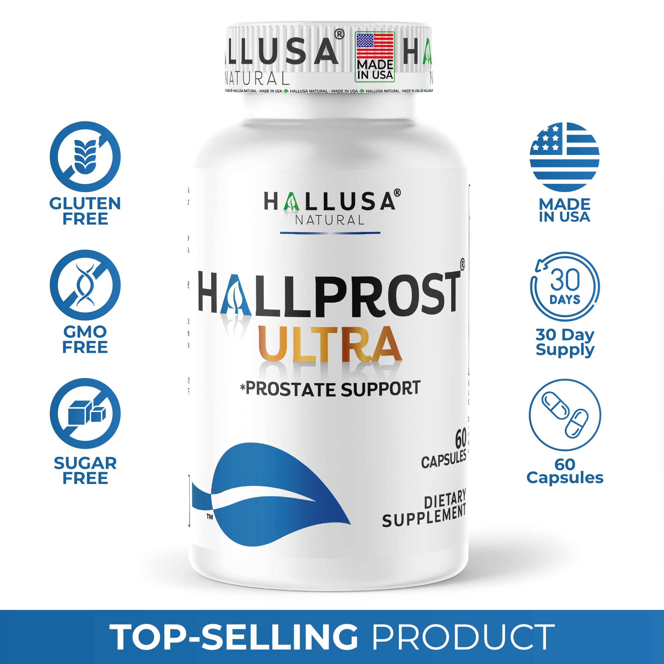 Hallusa Natural Saw Palmetto 810mg capsules on a table