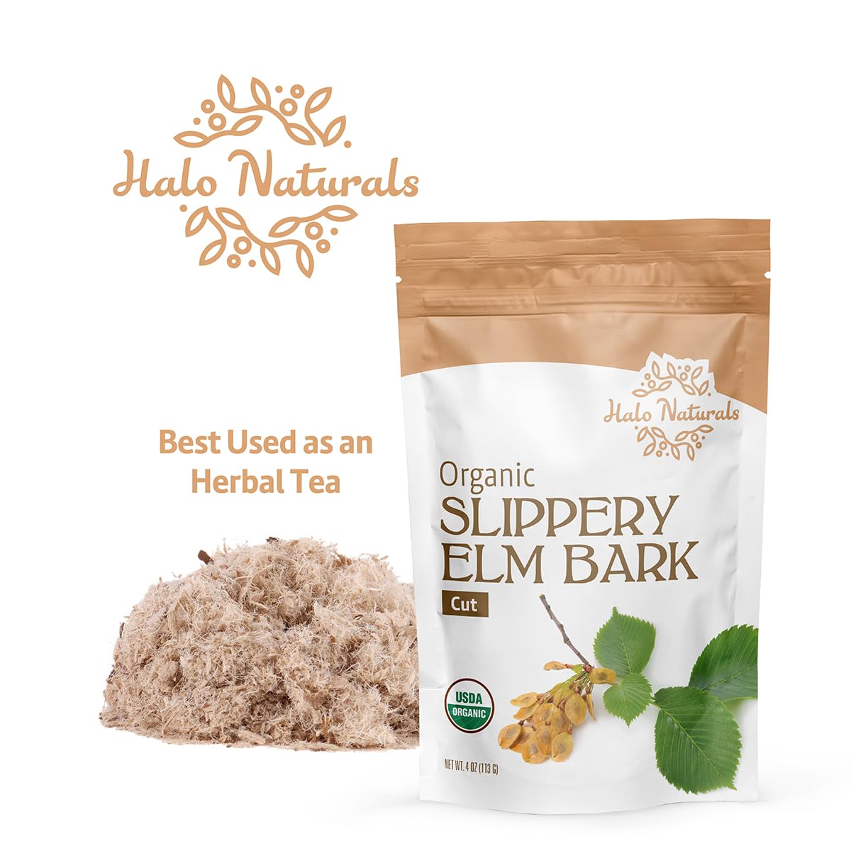Halo Naturals Organic Slippery Elm Bark Cut 113g packaging details