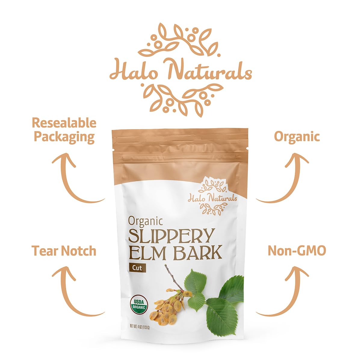 Halo Naturals Organic Slippery Elm Bark Cut 113g with measuring spoon