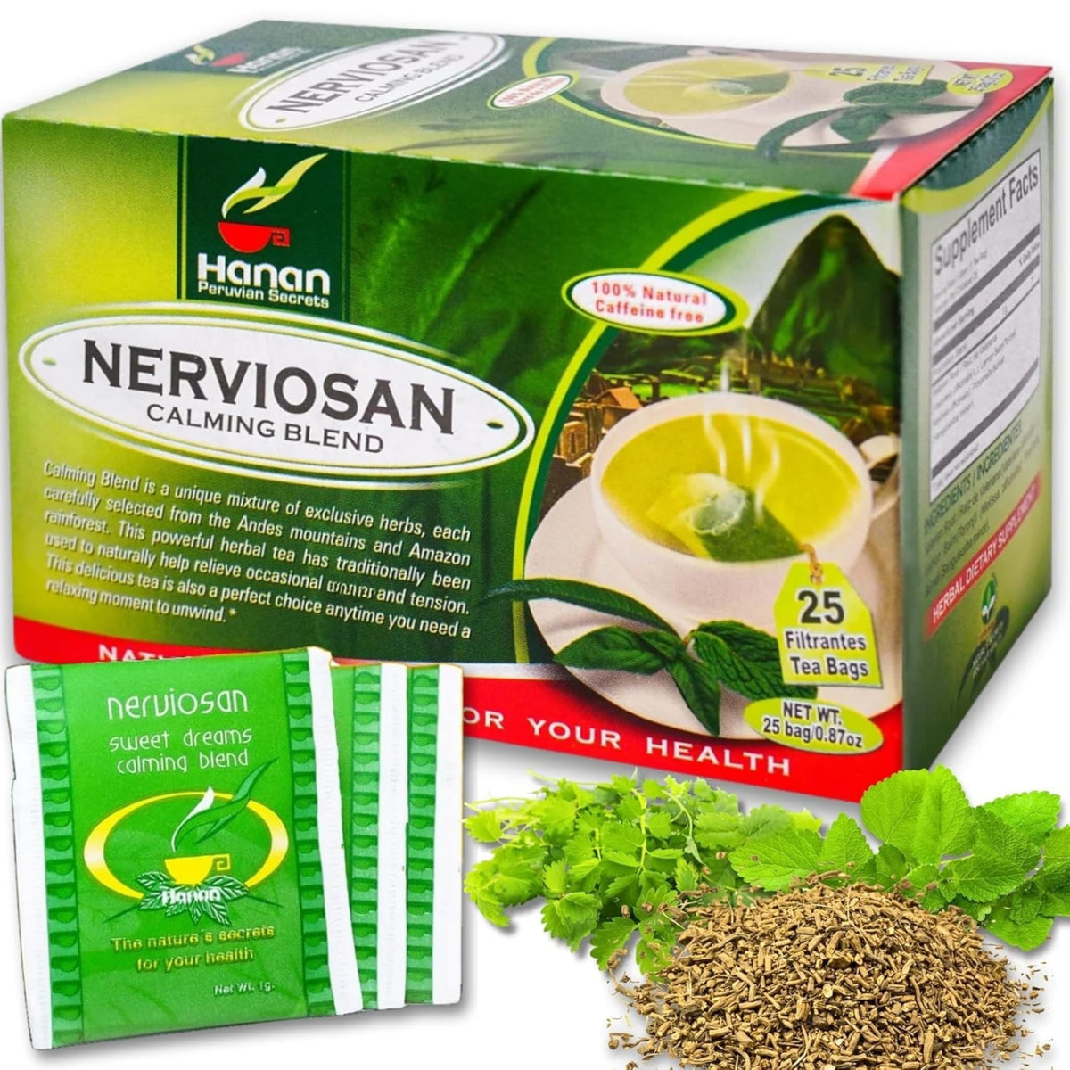 Hanan Nerviosan Calming Herbal Blend 25g front view with packaging