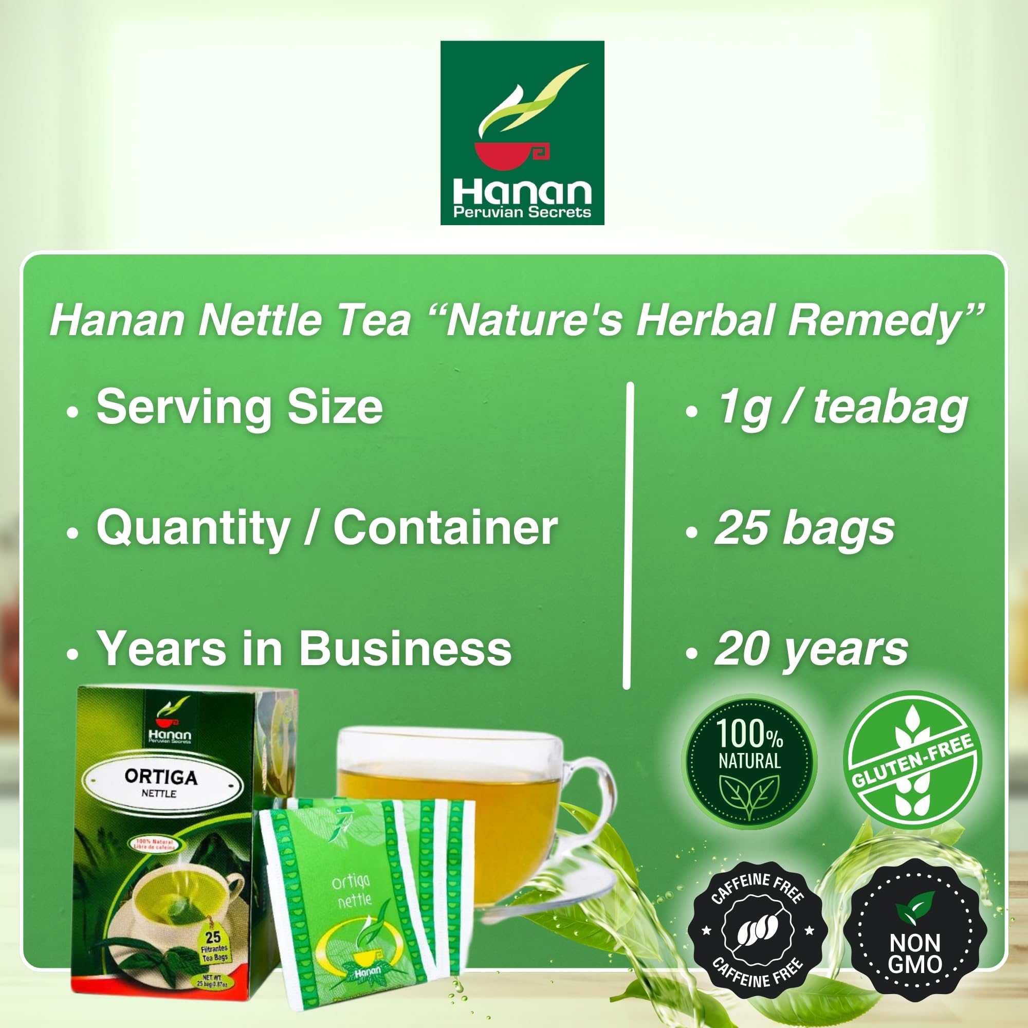 Hanan Nettle Tea box side view with nutritional info