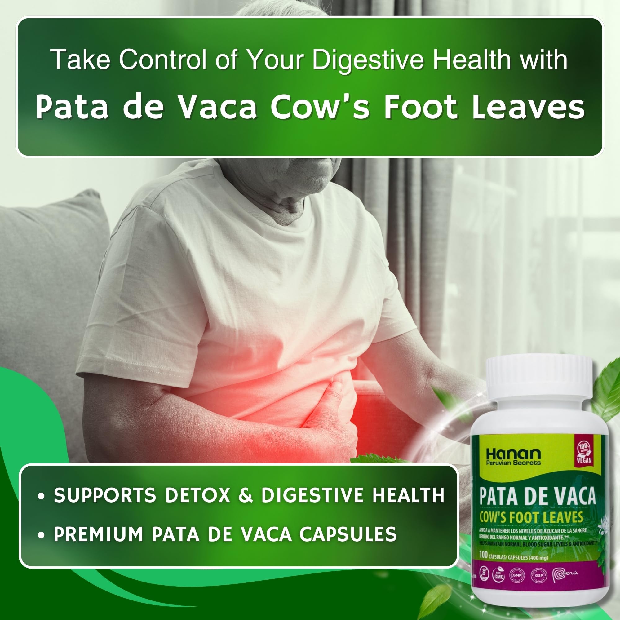 Hanan Pata de Vaca Capsules – lifestyle scene with bottle and leaves