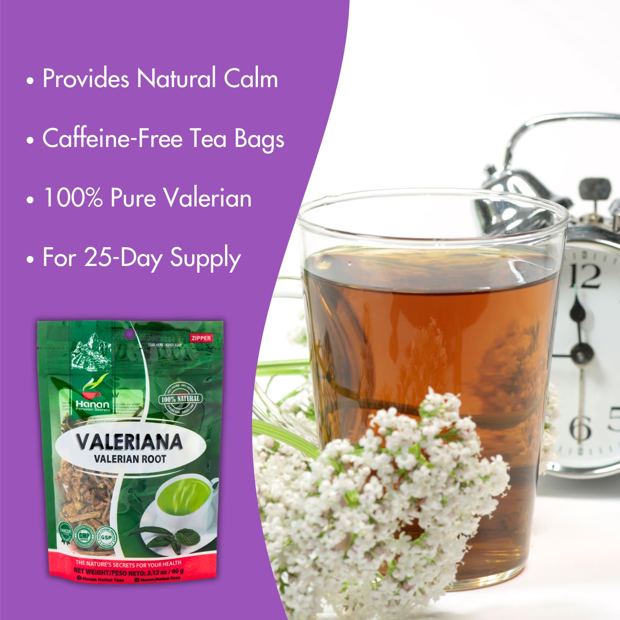 Hanan Valerian Root Loose Leaf Tea 60g loose leaf tea in a cup