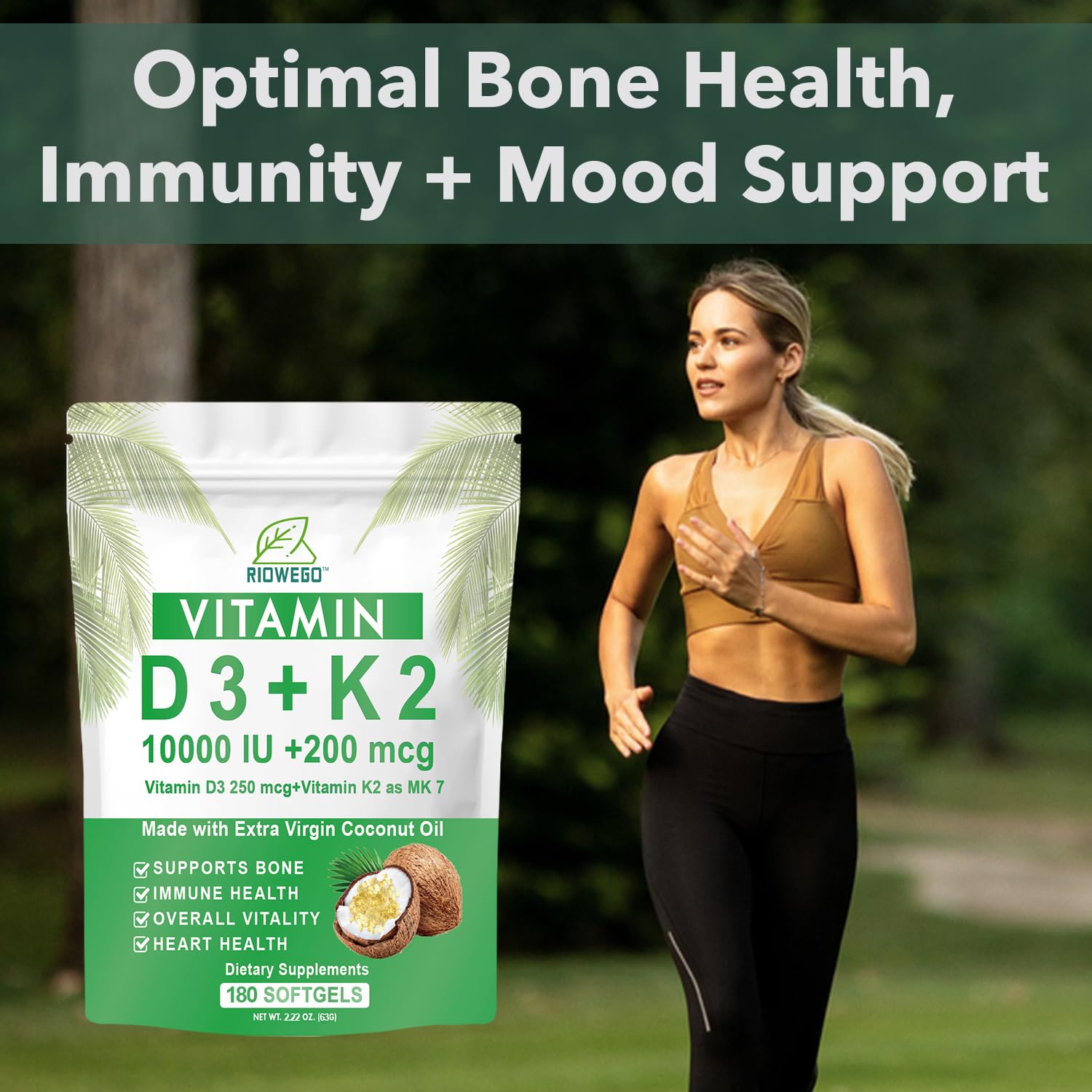 Hand holding RIOWEGO Vitamin D3 K2 Softgels