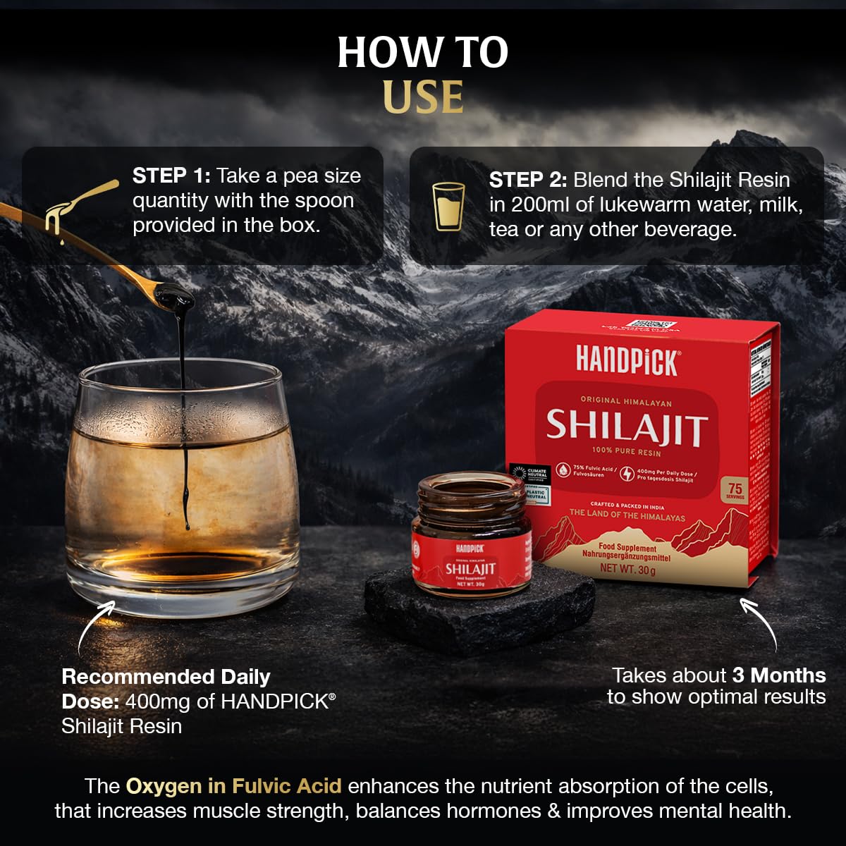 HANDPICK Himalayan Shilajit Resin displayed on a wooden surface