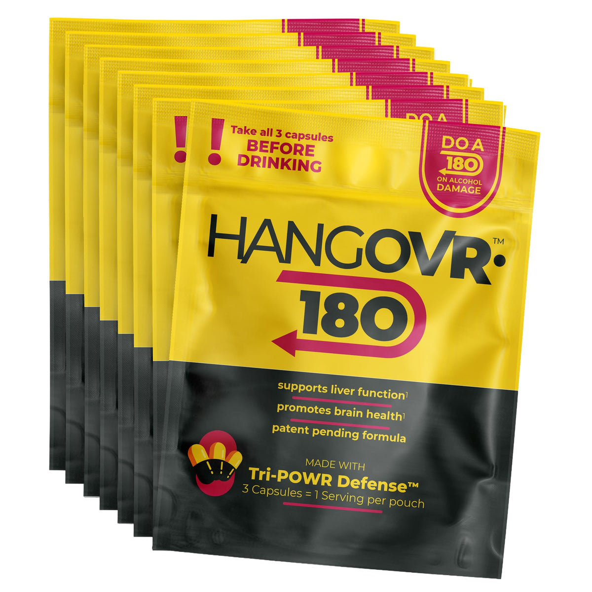 HANGOVR-180 Tri-Power Defense Capsules front view in pouch