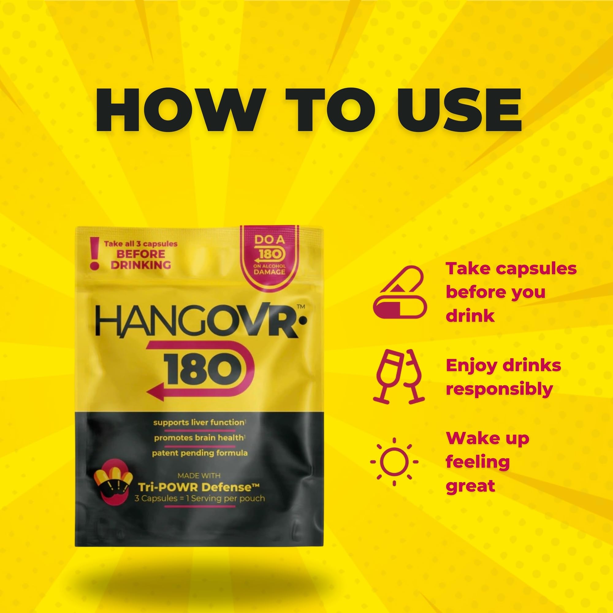 HANGOVR-180 Tri-Power Defense Capsules with single-serving pouch