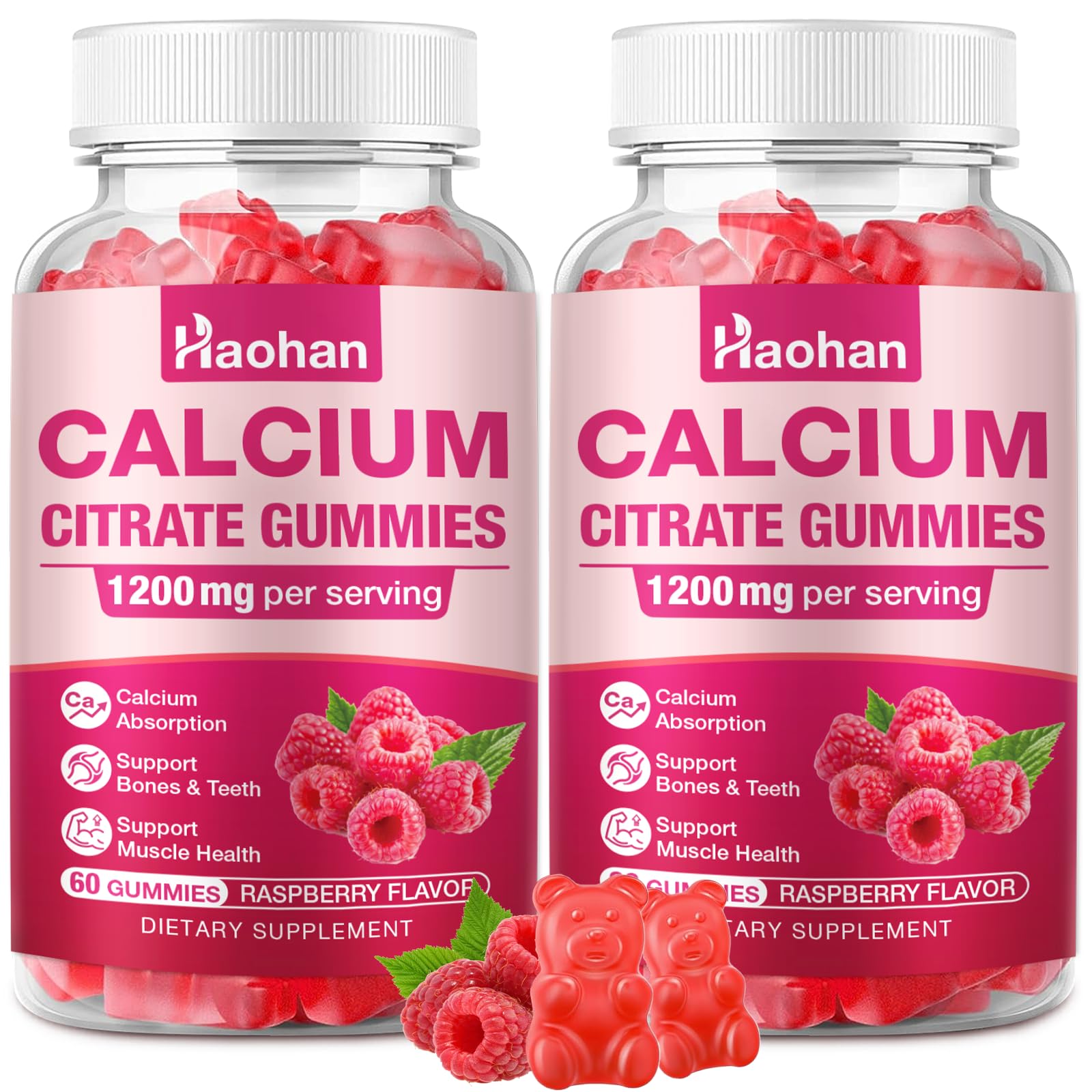 Haohan Calcium Citrate Gummies 1200mg Raspberry flavour front view