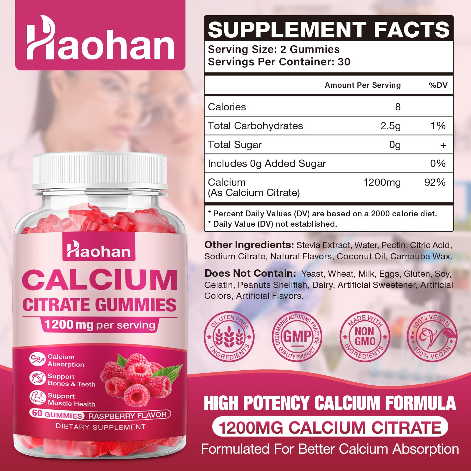 Haohan Calcium Citrate Gummies raspberry flavour close-up