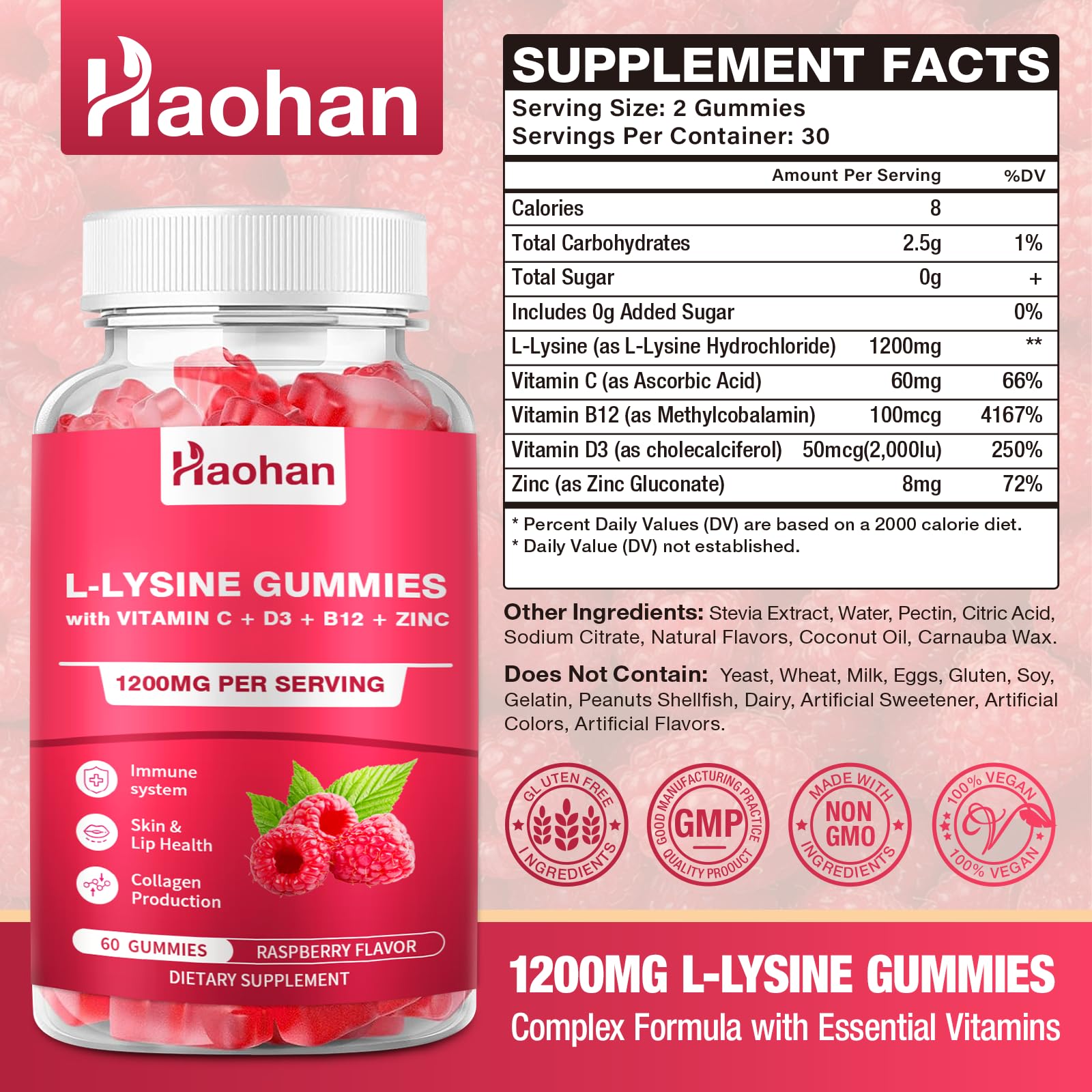 Haohan L-Lysine Gummies 1200mg back view showing nutritional information