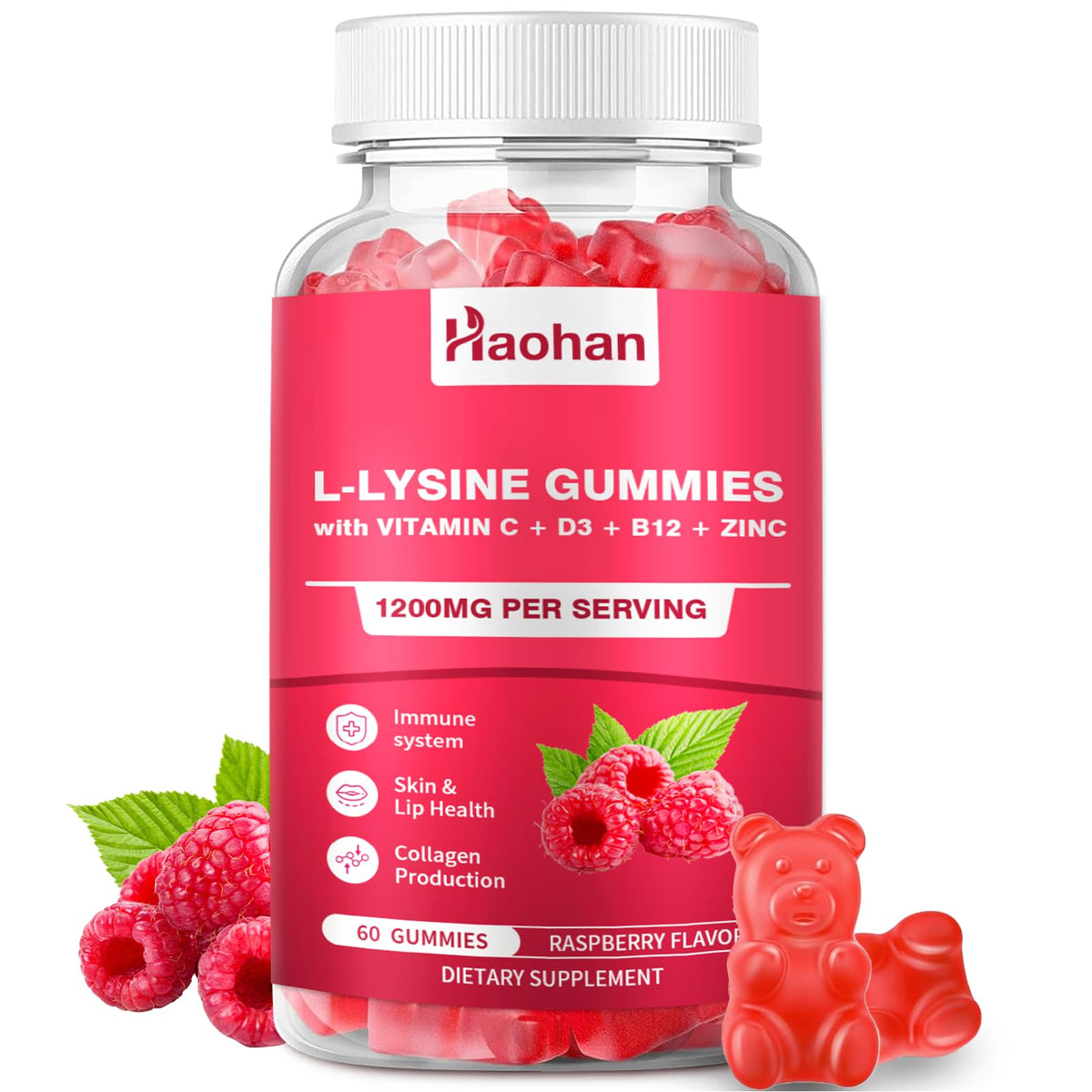 Haohan L-Lysine Gummies 1200mg front view with raspberry flavour