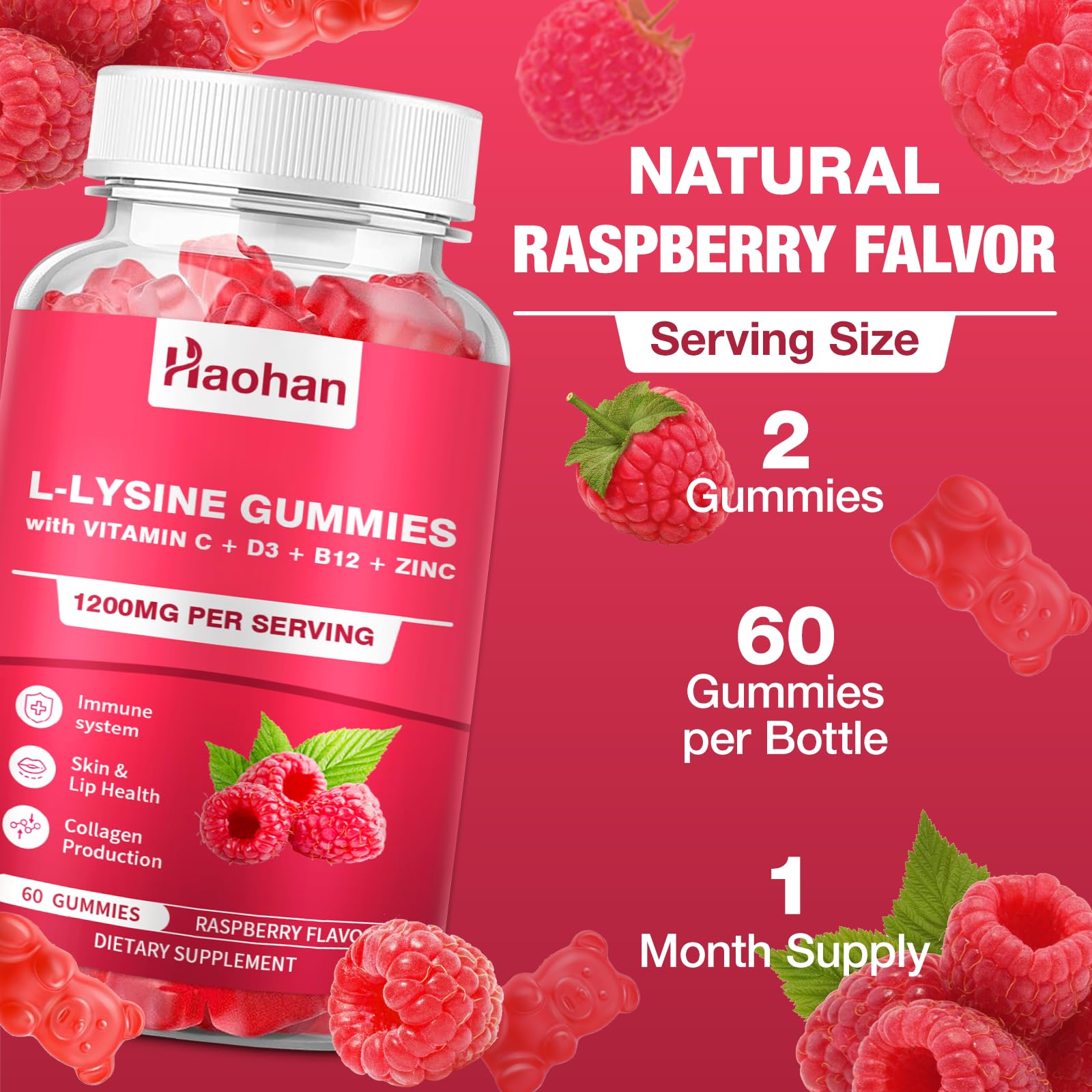Haohan L-Lysine Gummies 1200mg on a wooden table with fresh raspberries