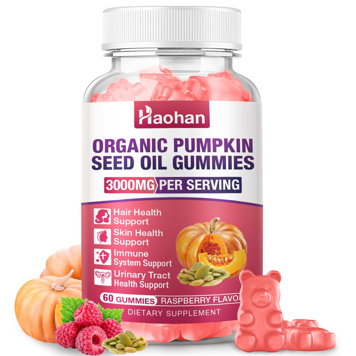 Haohan Saw Palmetto Gummies bottle front view with raspberry flavour