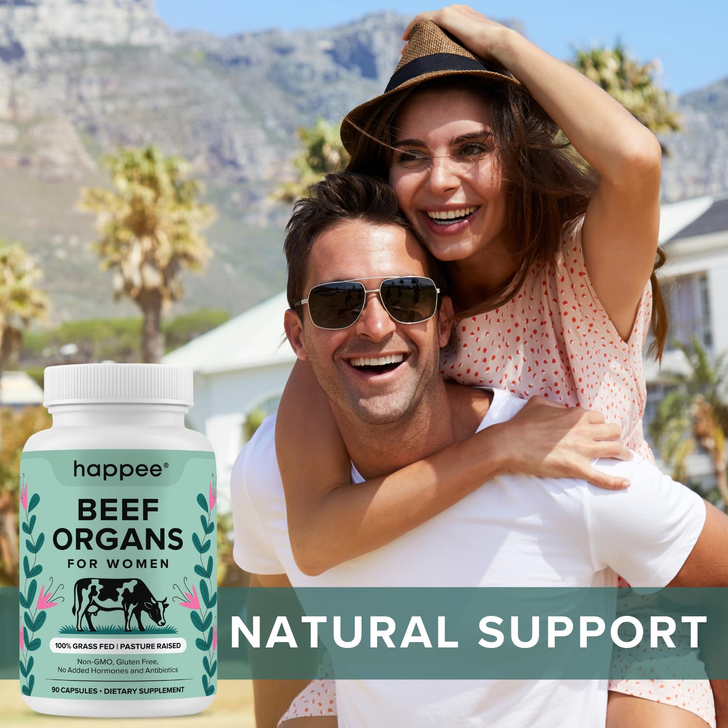 Happee Beef Organ Capsules with a leafy background