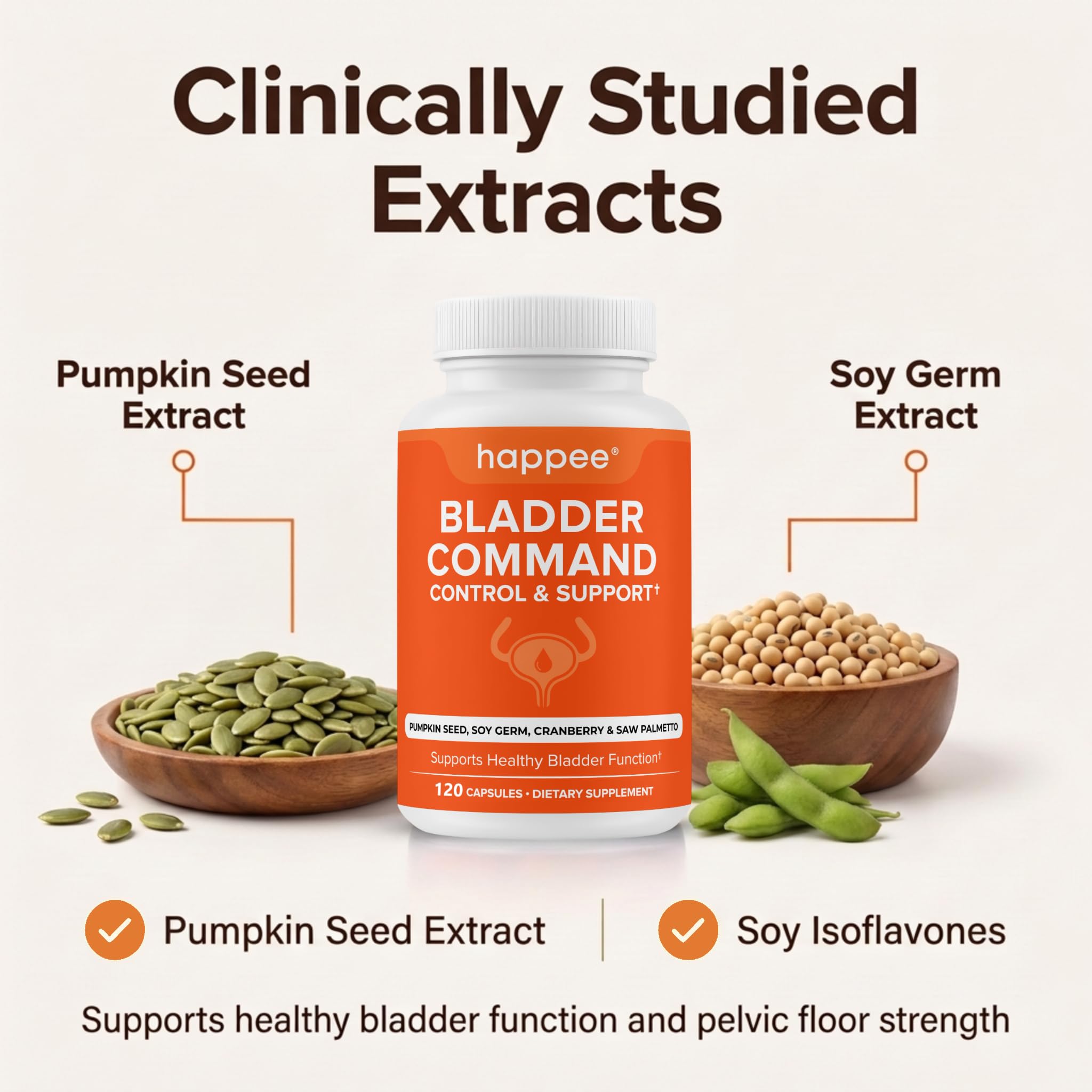 Happee Bladder Command Supplement capsules on a wooden table