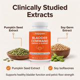 Happee Bladder Command Supplement capsules on a wooden table