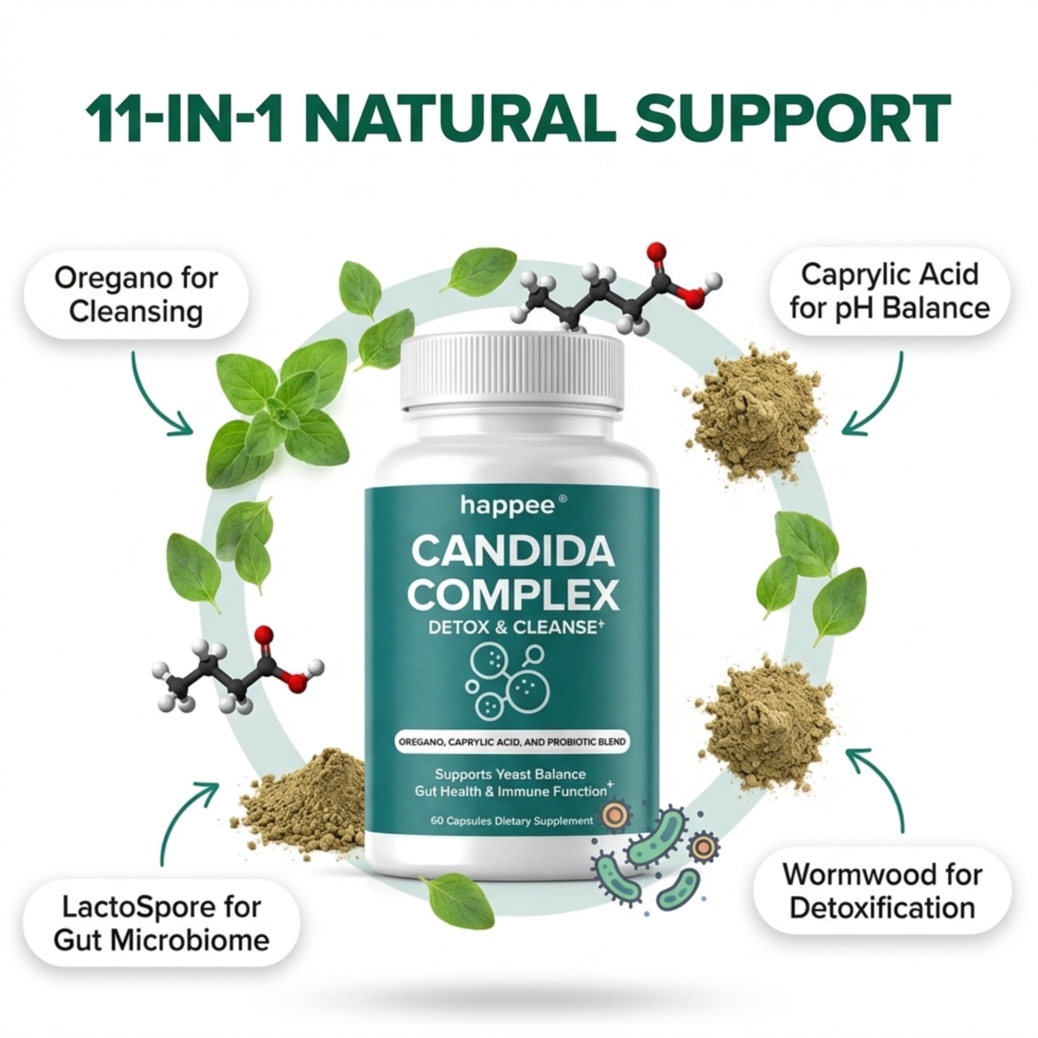Happee Candida Complex Supplement ingredients list close-up