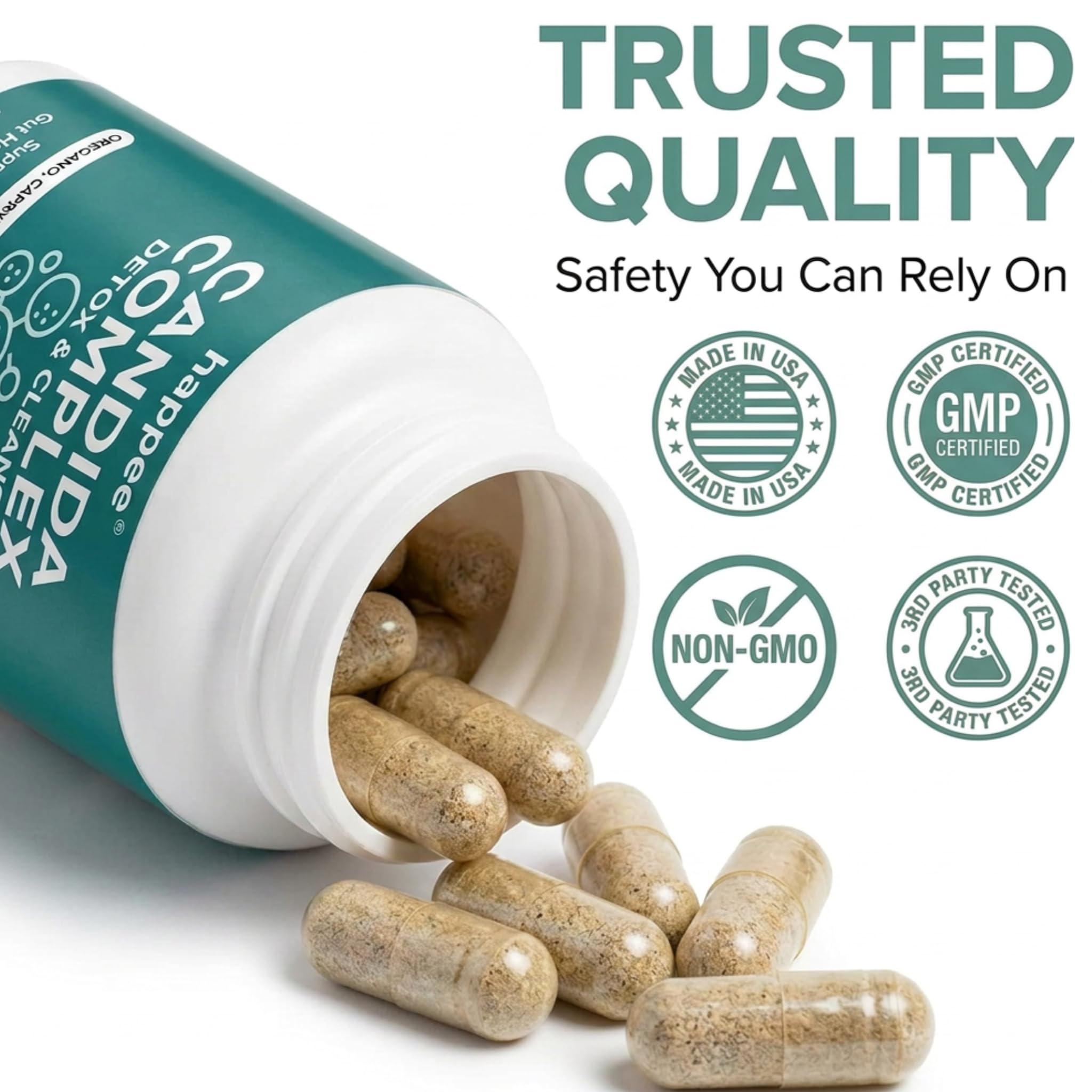 Happee Candida Complex Supplement side view of the bottle