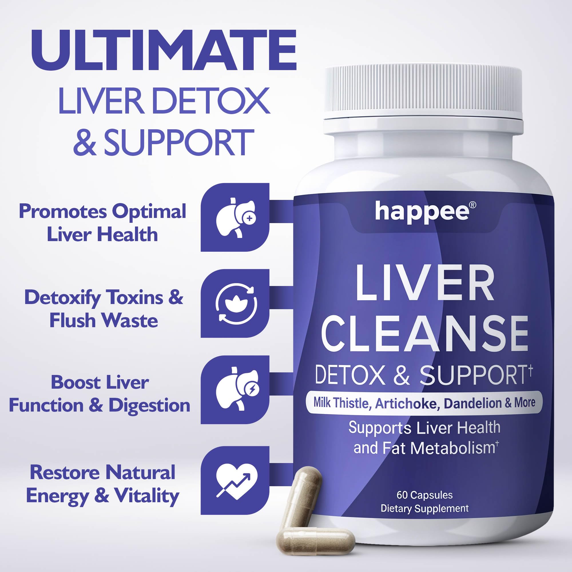 Happee Milk Thistle supplement capsules in a bottle