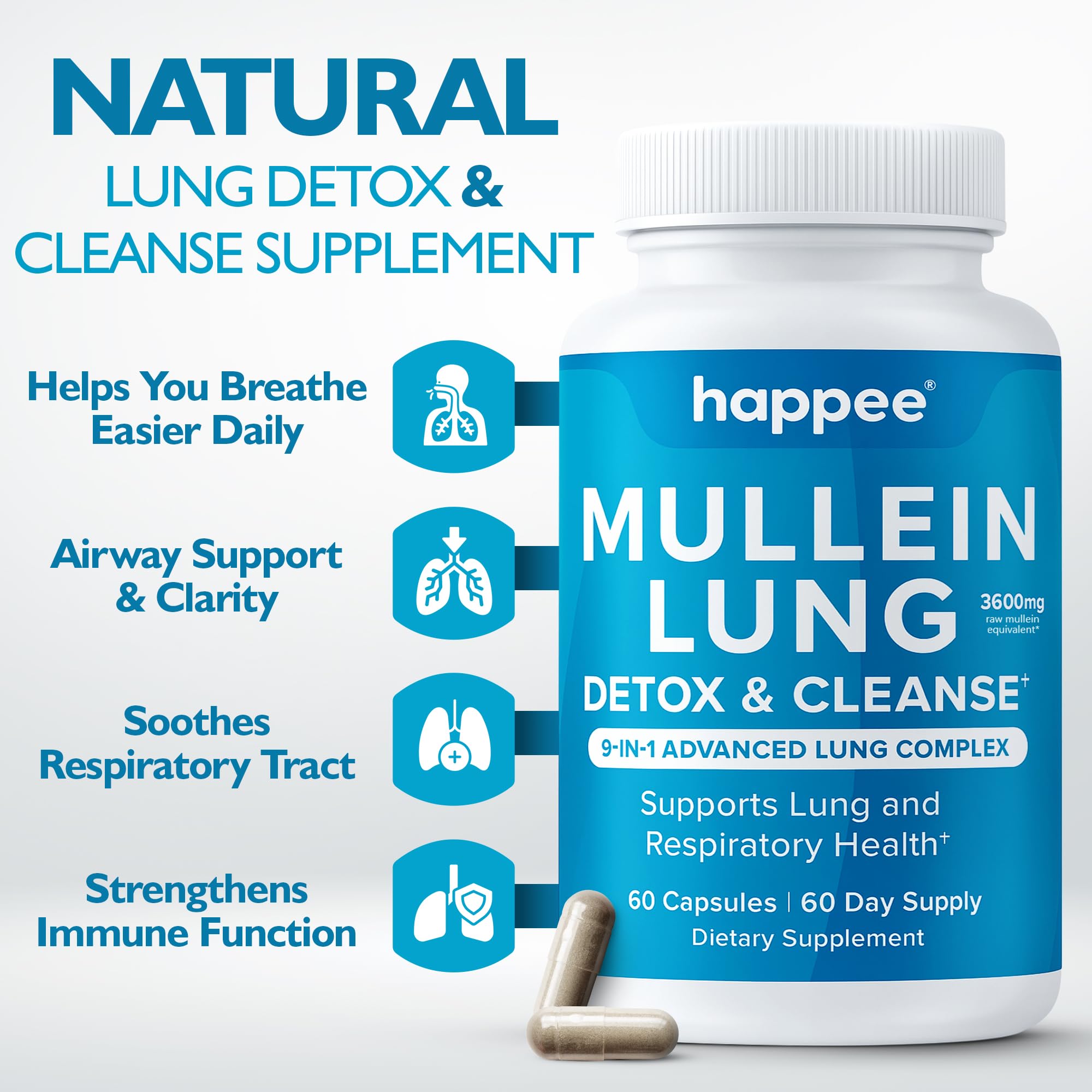 Happee Mullein Leaf Extract capsules on a wooden table