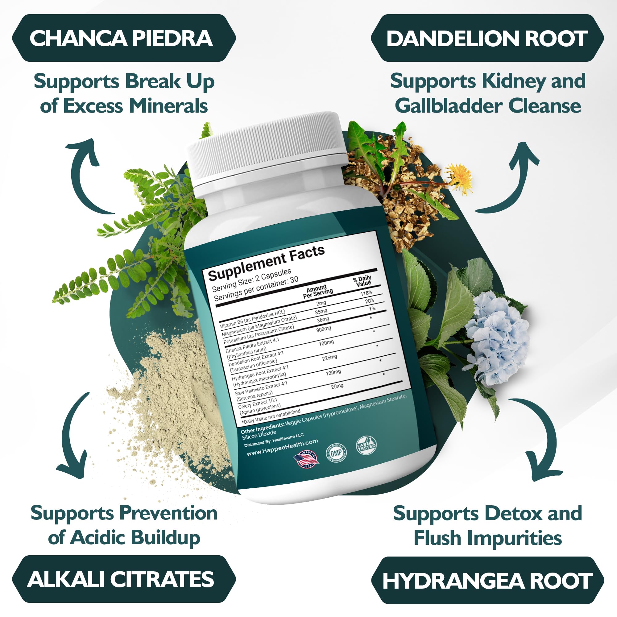 Happee Stone Breaker Chanca Piedra capsules with a measuring spoon