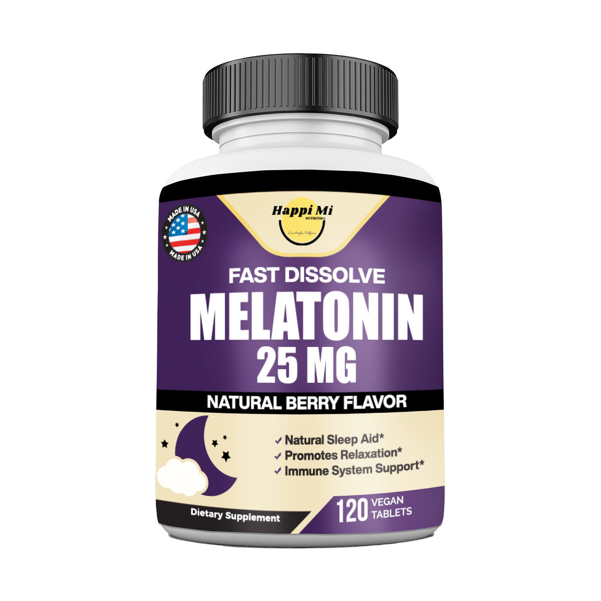 Happi Mi Nutrition Melatonin 25mg fast dissolve tablets front view
