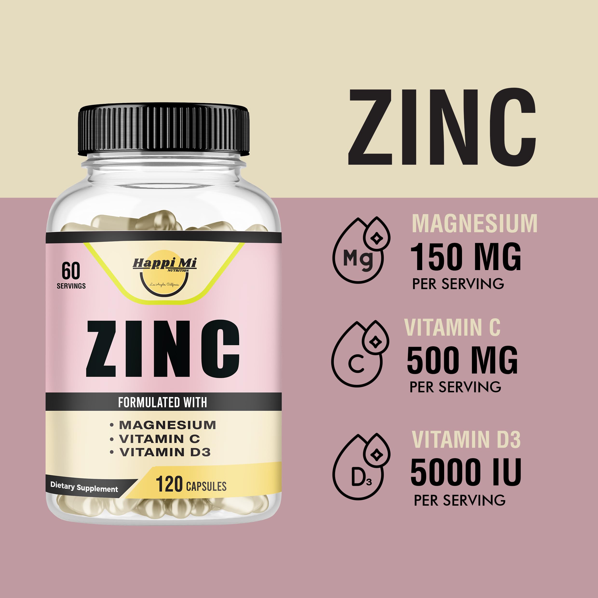 Happi Mi Nutrition Zinc Supplement 100mg Vitamin C D capsule bottle back view