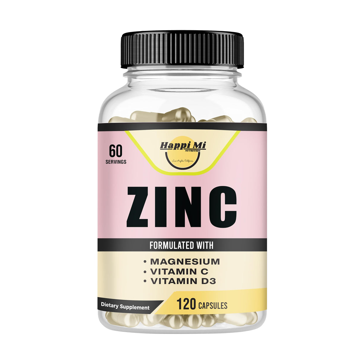 Happi Mi Nutrition Zinc Supplement 100mg Vitamin C D capsule bottle front view