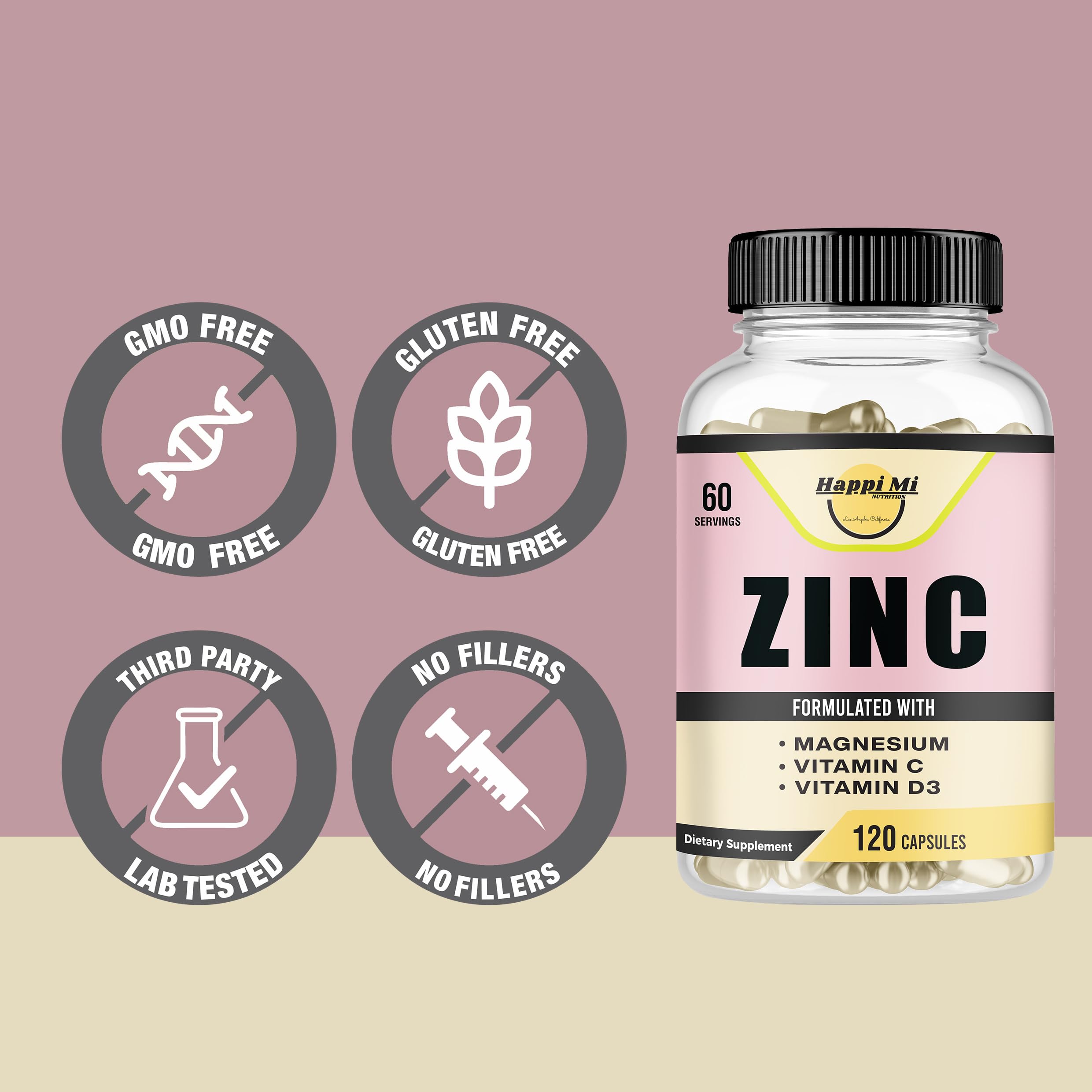 Happi Mi Nutrition Zinc Supplement 100mg Vitamin C D capsules in hand