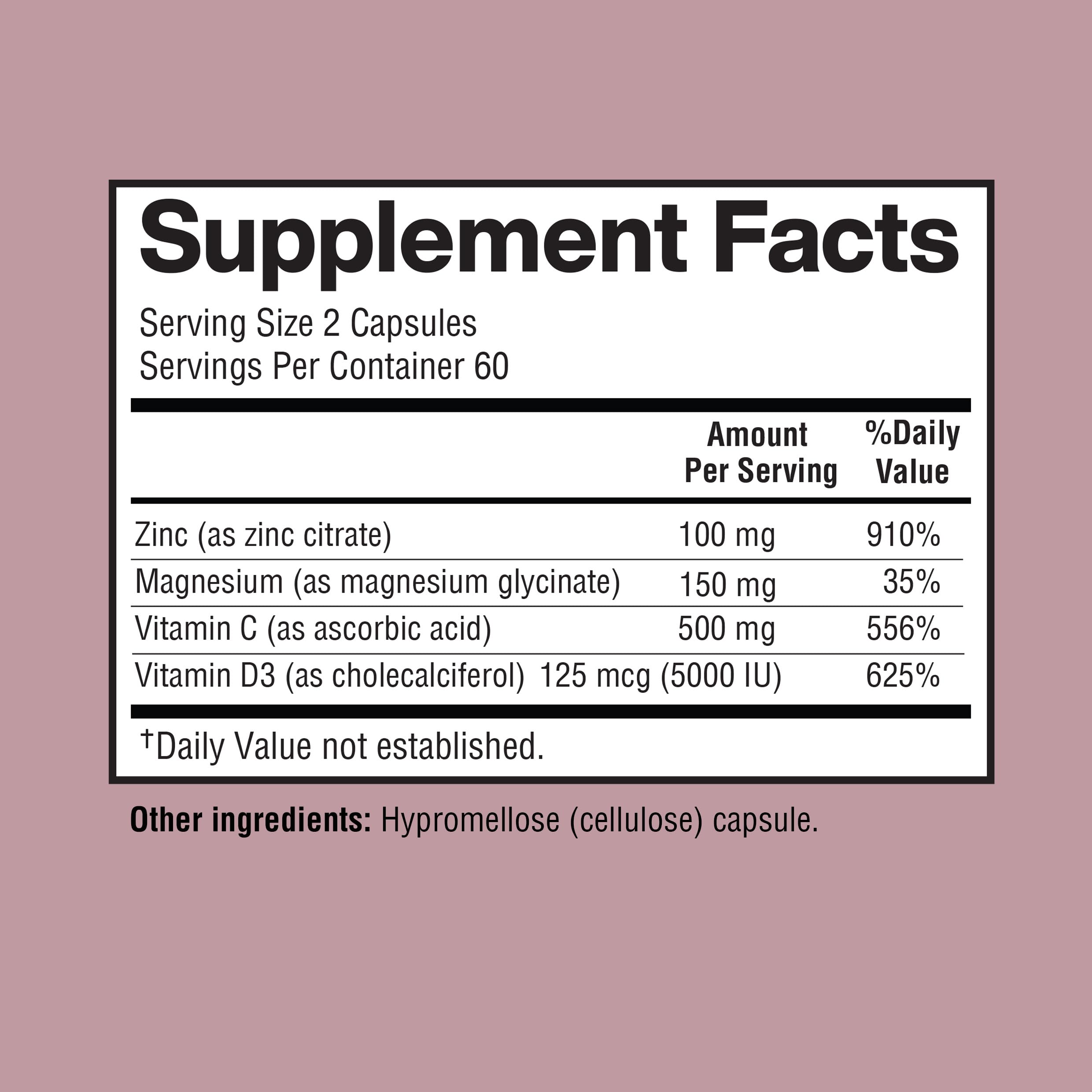 Happi Mi Nutrition Zinc Supplement 100mg Vitamin C D capsules inside bottle