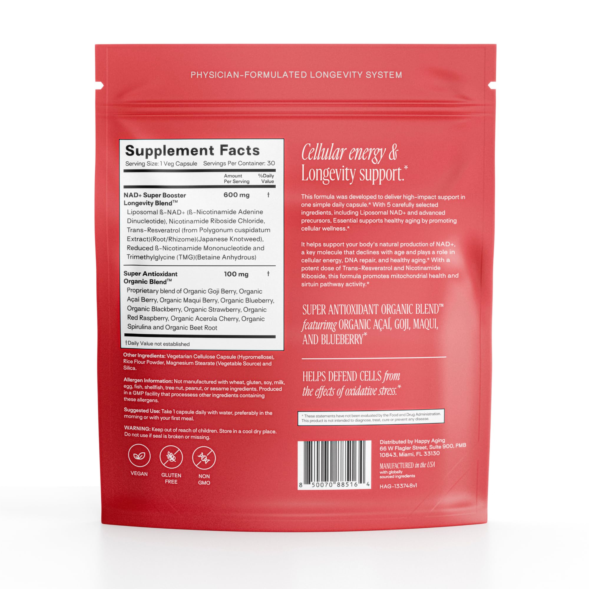 Happy Aging Resveratrol Supplement capsules in a travel pouch