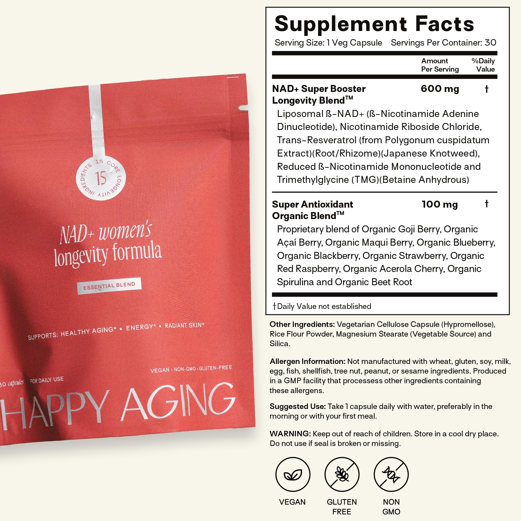 Happy Aging Resveratrol Supplement lifestyle shot with a glass of water