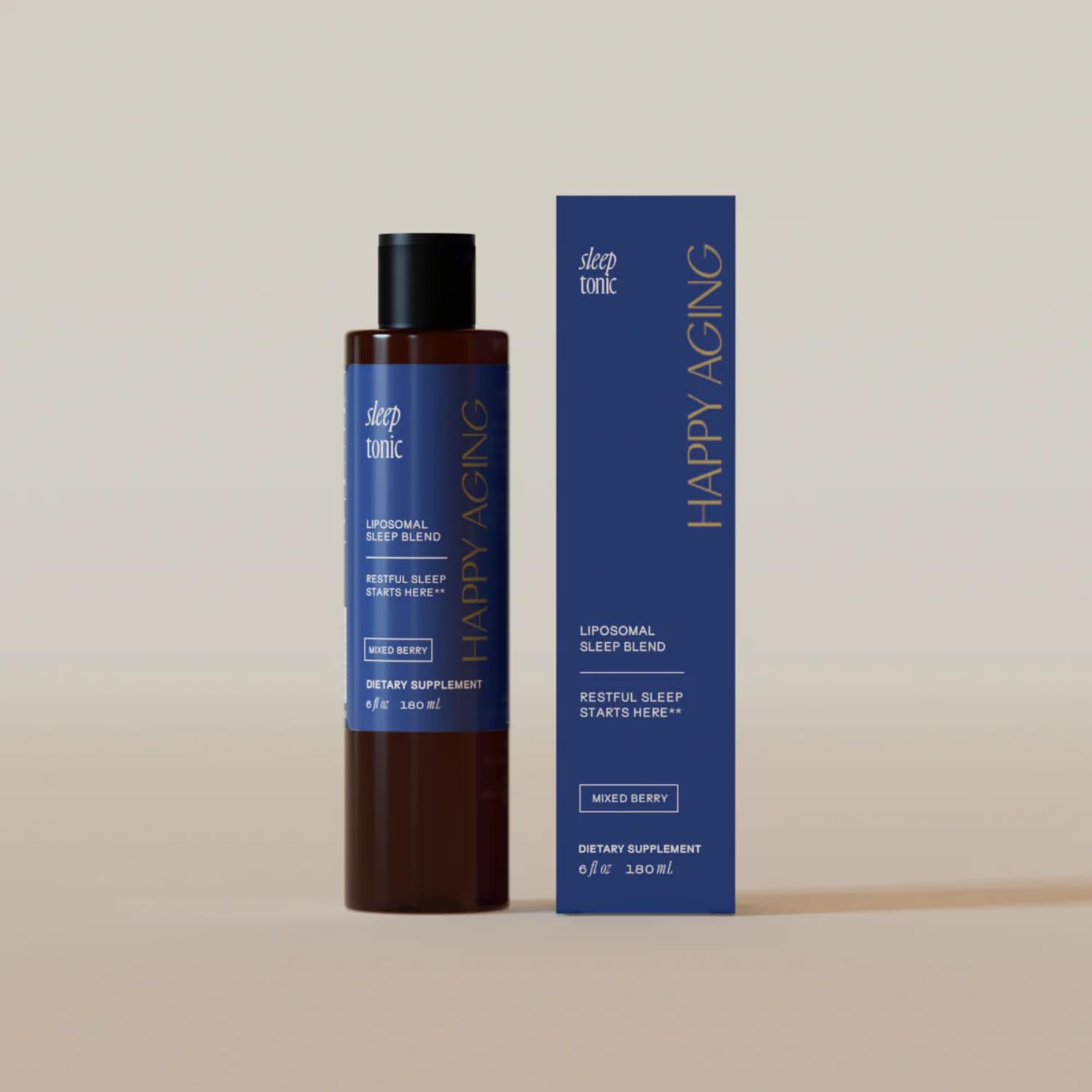 Happy Aging Sleep Tonic Liquid Sleep Aid bottle on a table