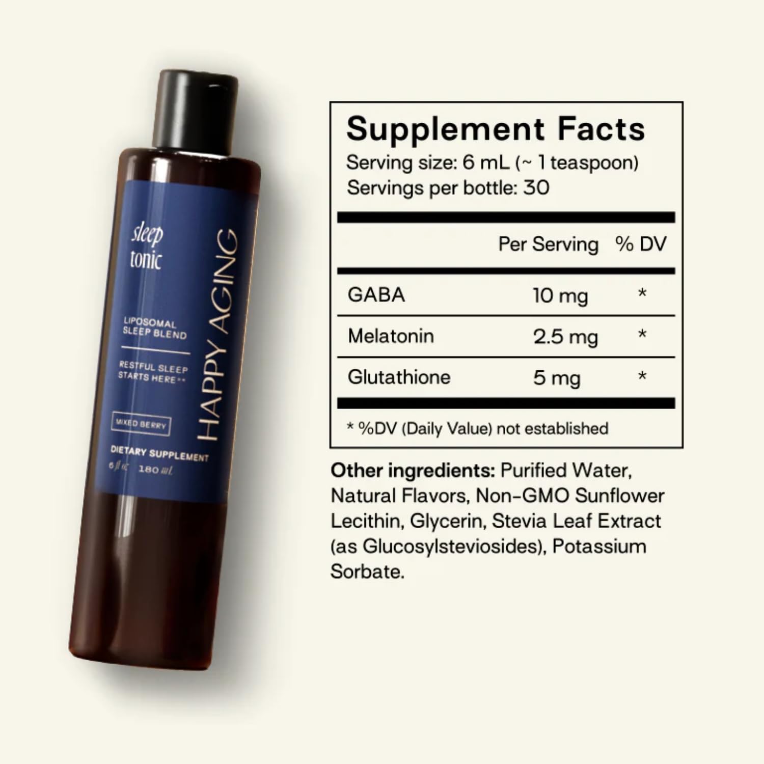 Happy Aging Sleep Tonic Liquid Sleep Aid label close-up