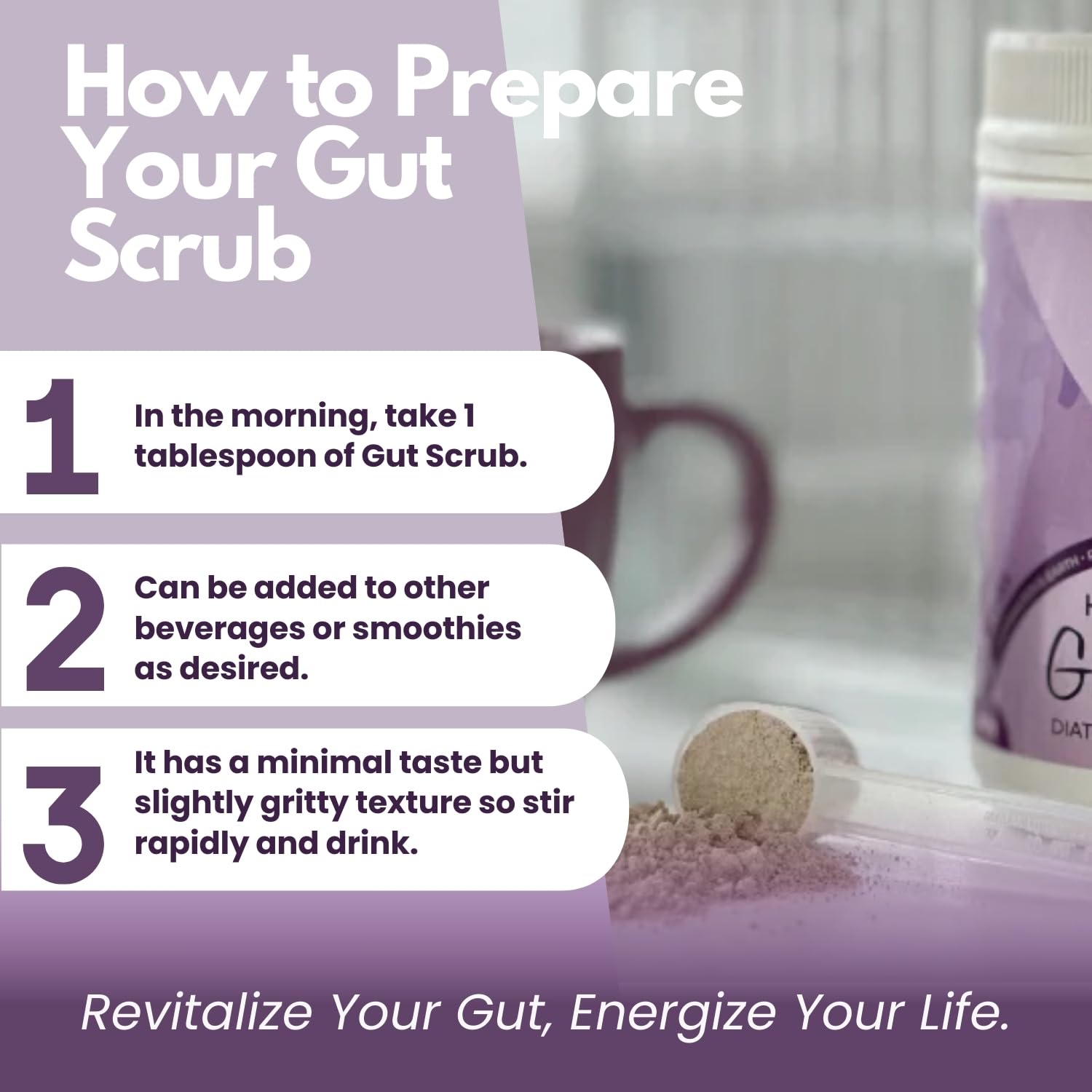 Happy Bum Co Gut Scrub diatomaceous earth mixed in a smoothie