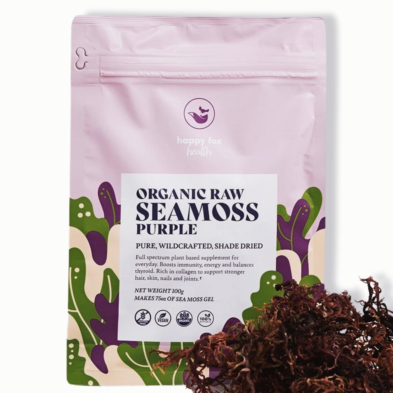 HAPPY FOX Organic Purple Sea Moss 100g front view