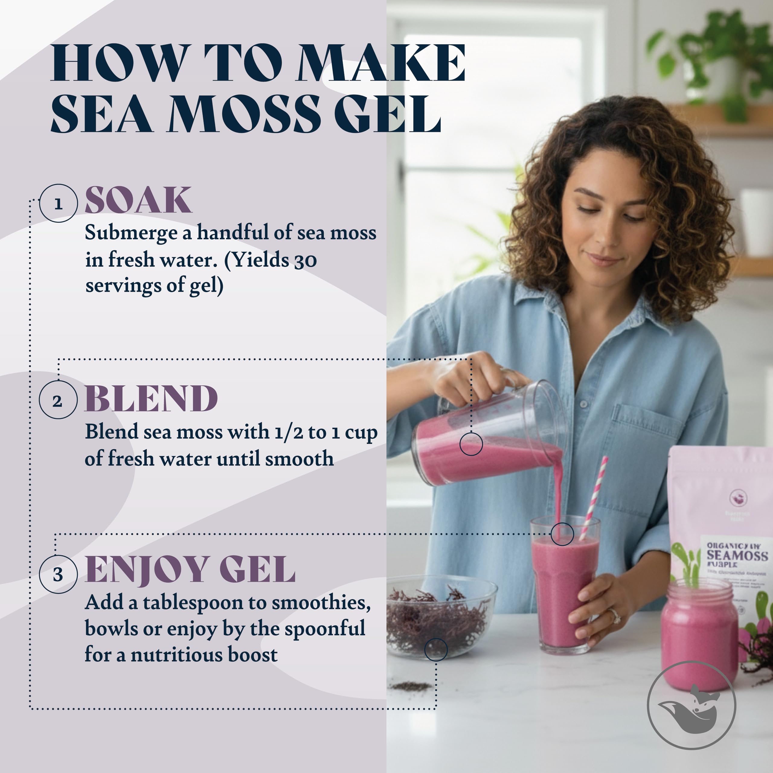 HAPPY FOX Organic Purple Sea Moss 100g in a bowl