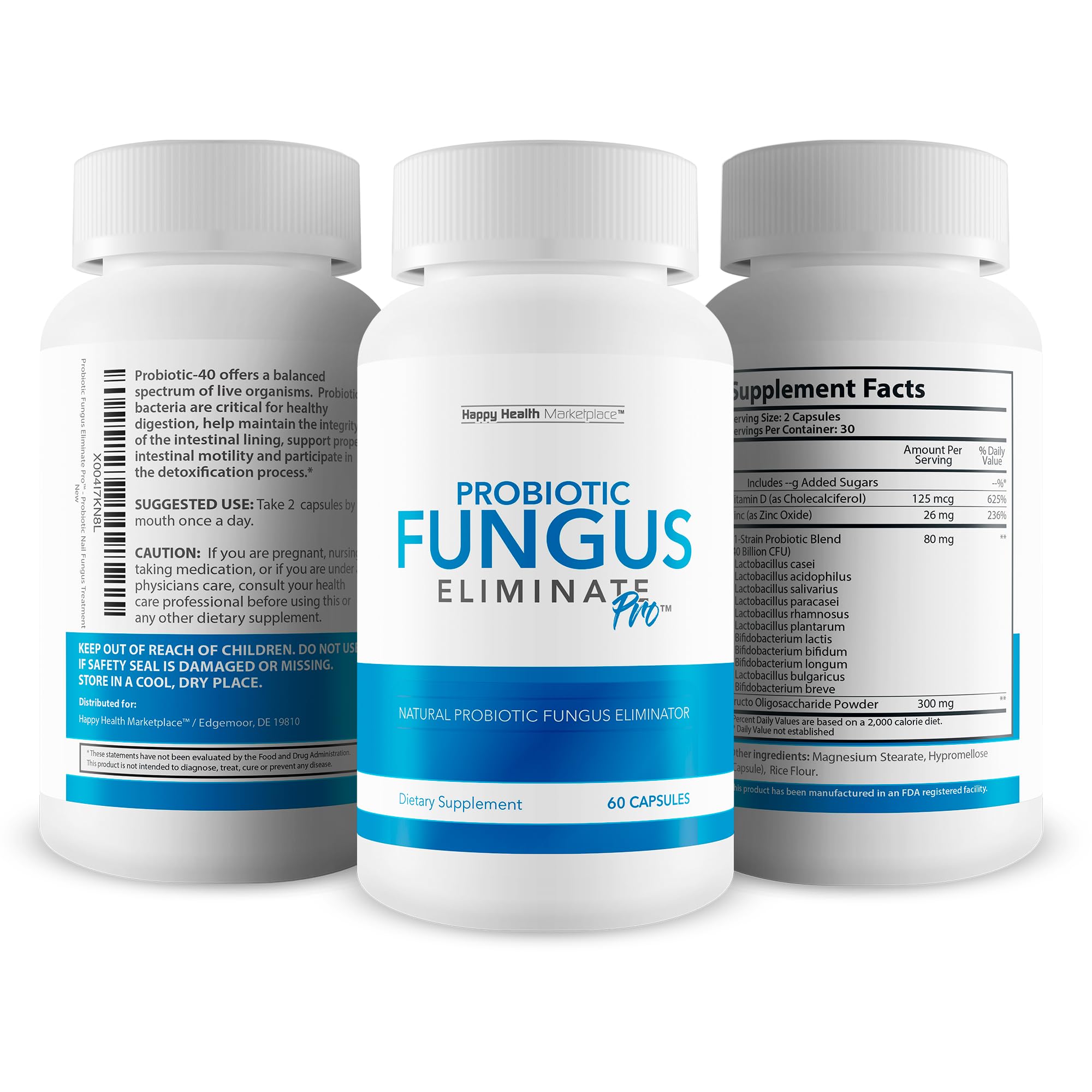 Happy Health Probiotic Fungus Eliminate Pro ingredients list on bottle