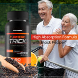 Happy Health Turmeric Trick capsules on a wooden surface