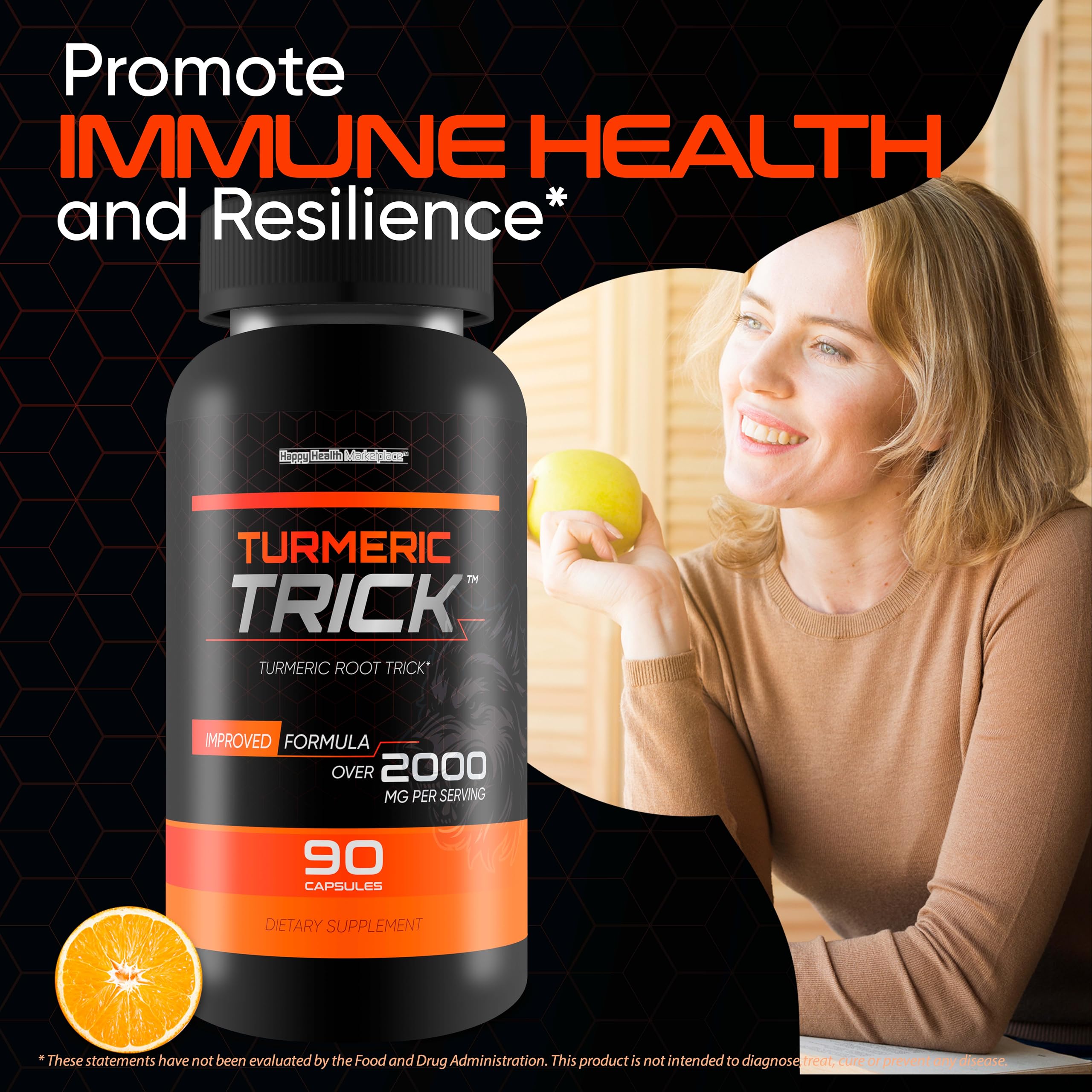 Happy Health Turmeric Trick supplement bottle with a white background