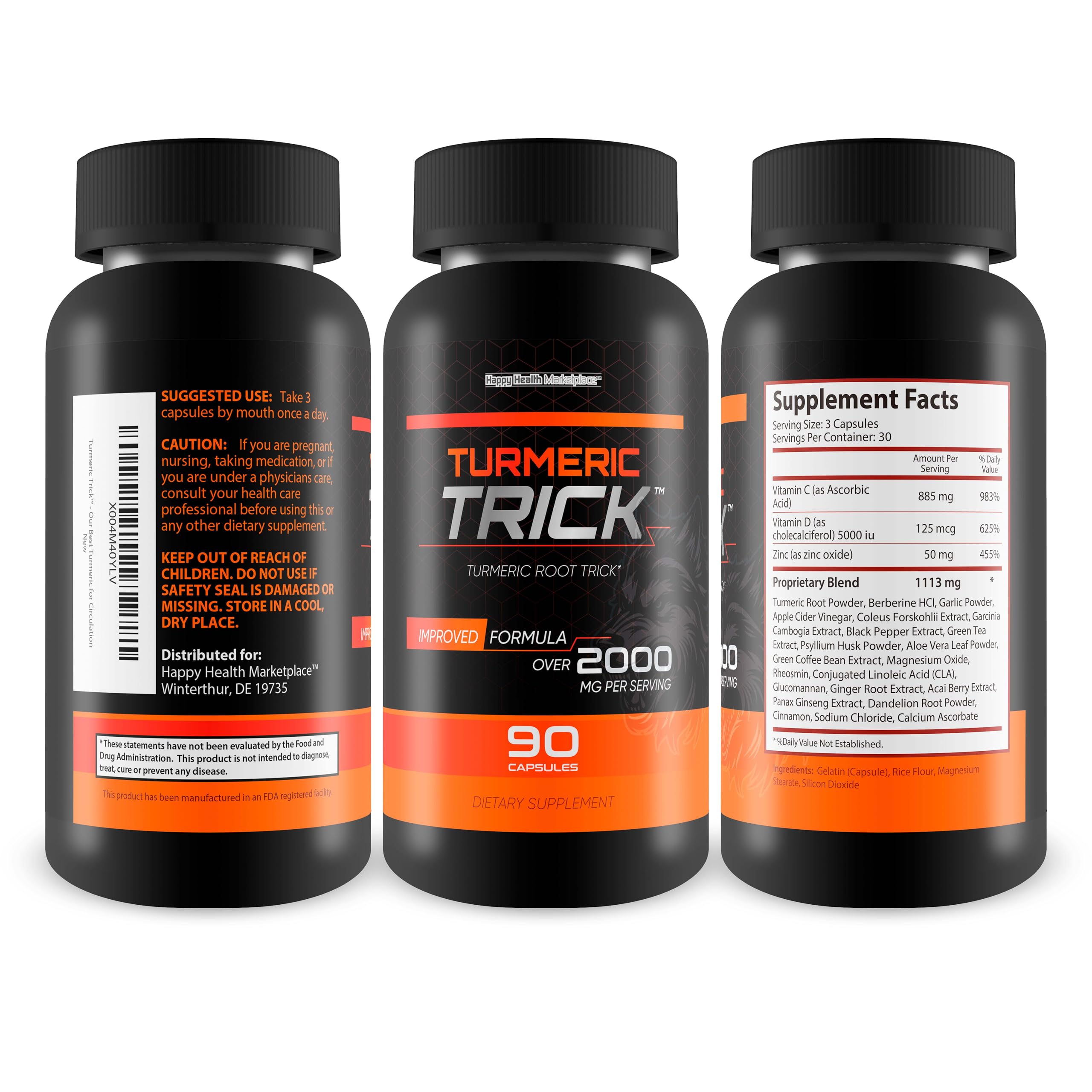 Happy Health Turmeric Trick supplement side view showing packaging